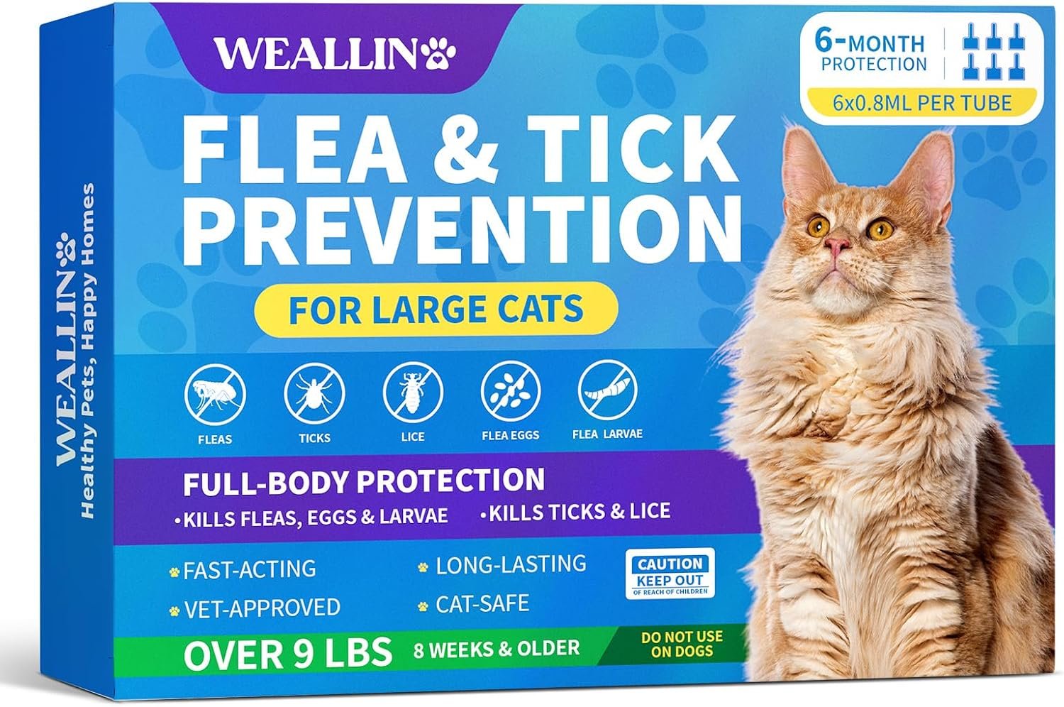 Flea and Tick Prevention for Large Cat, Fleas and Ticks Treatment for Cats | Cat Flea Treatment Over 9 lbs, Topical Cat Flea Treatment, Fast-Acting & Long-Lasting Fleas Control for Cats, 6-Dose Supply