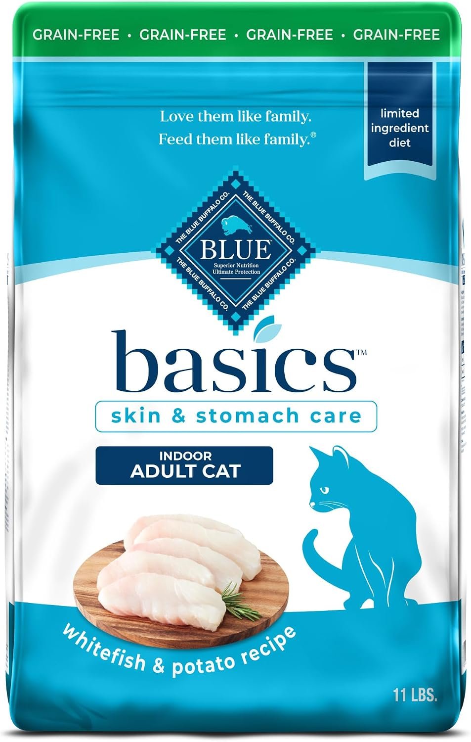 Blue Buffalo Basics Fish Grain-Free Skin & Stomach Care Dry Cat Food, 11 lb | Real Fish #1 Ingredient, Limited Ingredient Diet, Antioxidant-Rich LifeSource Bits, Skin & Coat Health