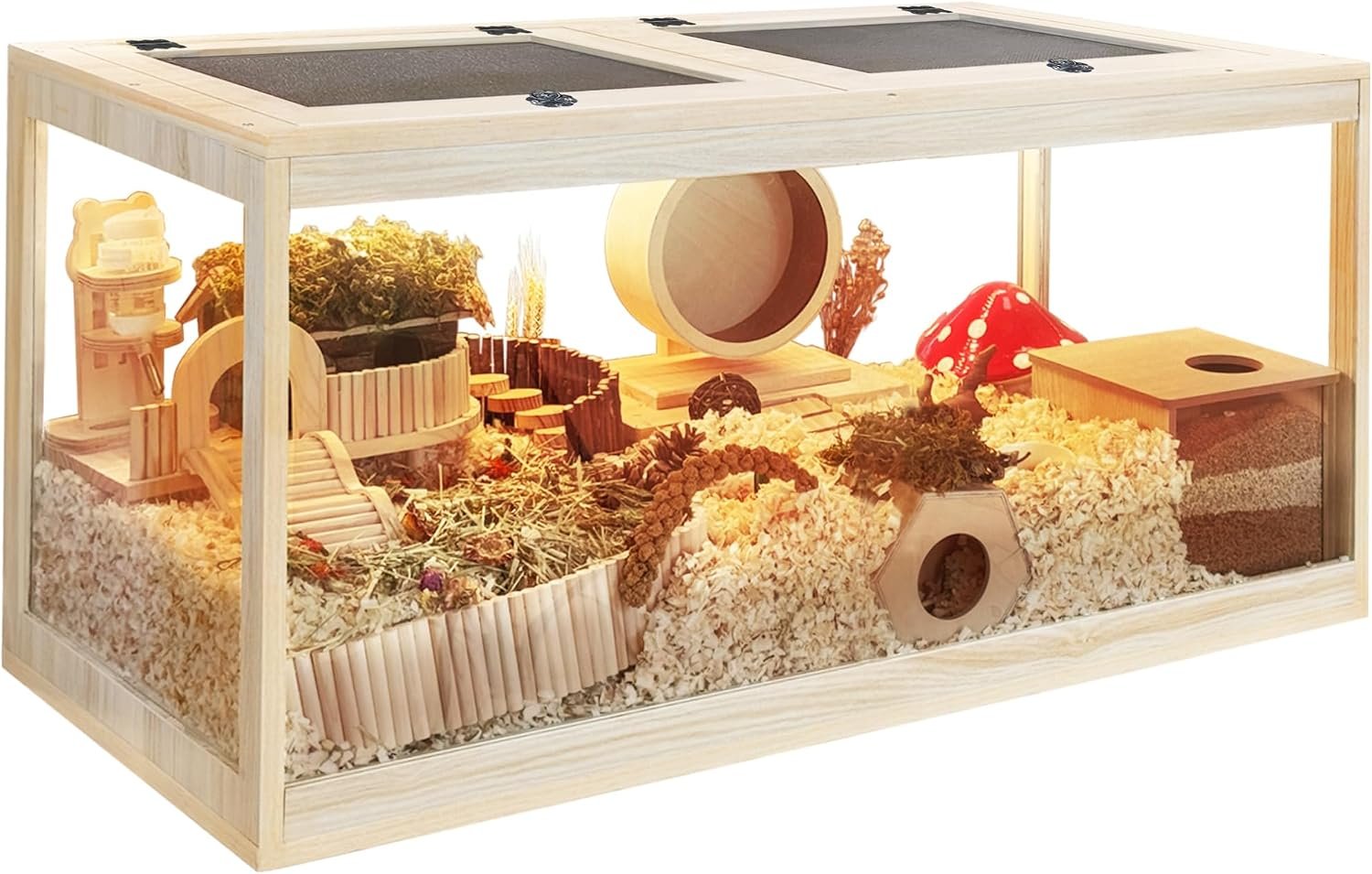 PROLEE Hamster Cage with Metal Mesh Top, Chewproof Wooden Guinea Pig Cages, Mice and Rat Habitat,Large Hamster Cages with Acrylic Sheets Solid Built (40X20X20 Inch)