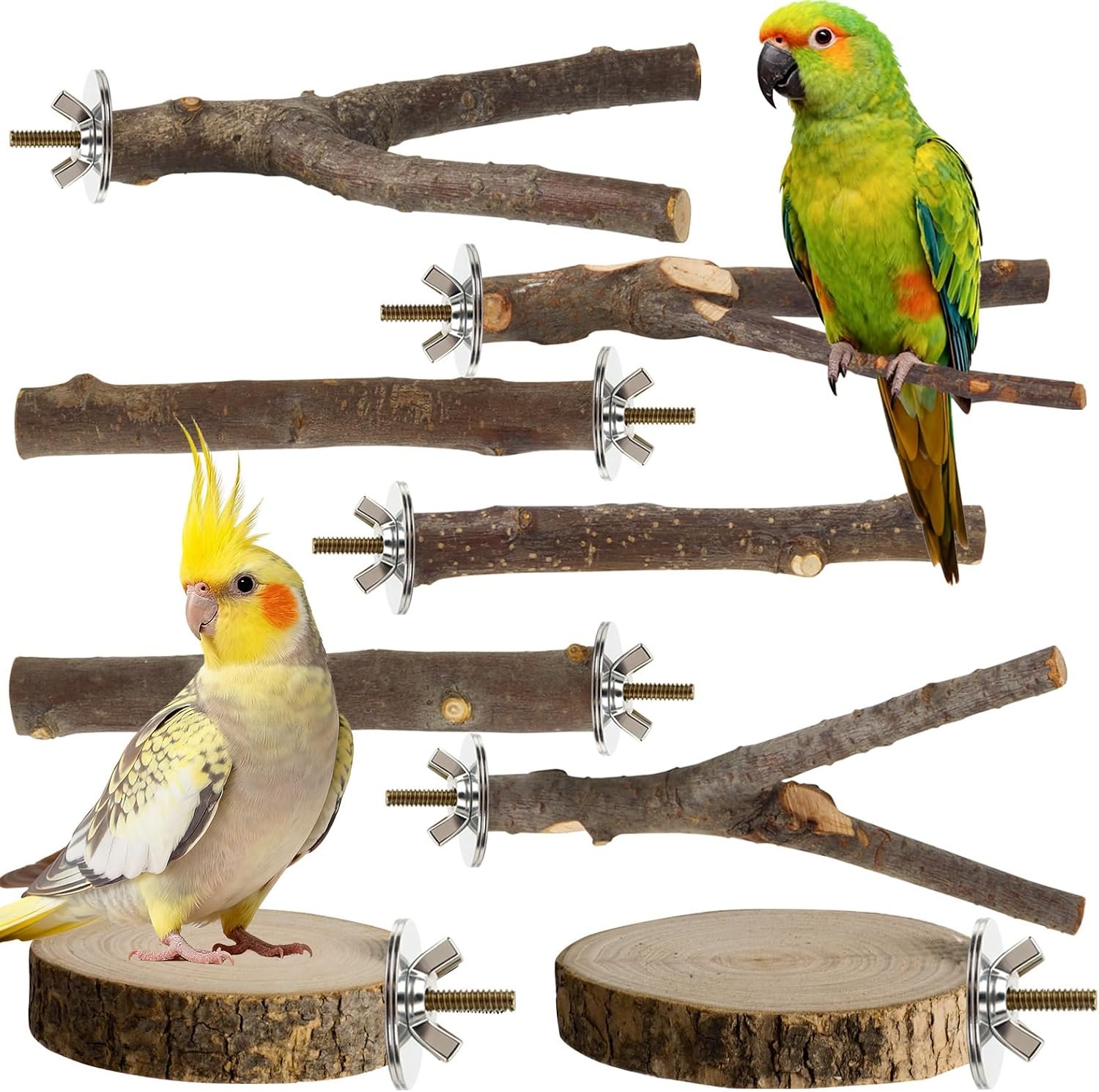 8 Pack Natural Wood Bird Perches for Cage, Wooden Parrot Perch | Wooden Parrot Stand Platforms, Hardwood Branches, Climbing & Chew Toy for Bird Cage Accessories, Ideal for Parakeets, Budgies
