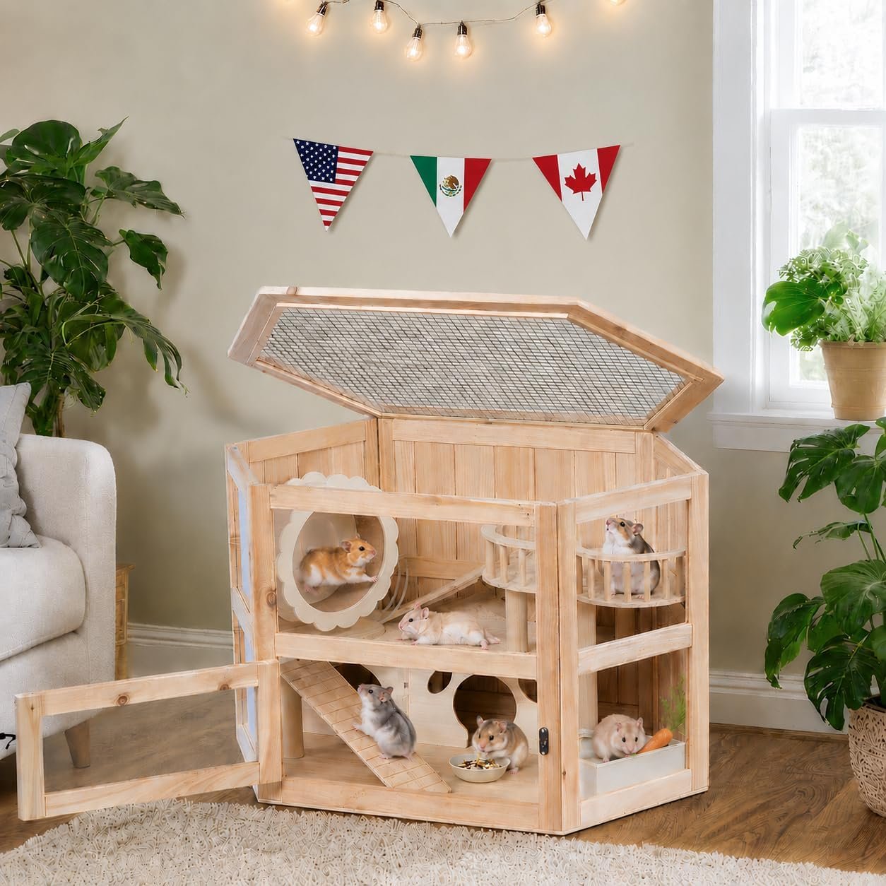 5 in 1 Wooden Hamster Cage|3 Tier Small Animal Cage with Silent Exercise Running Wheel|Large Syrian Hamster House with Openable Top&Acrylic Sheets|Chinchilla Guinea Pig Cages