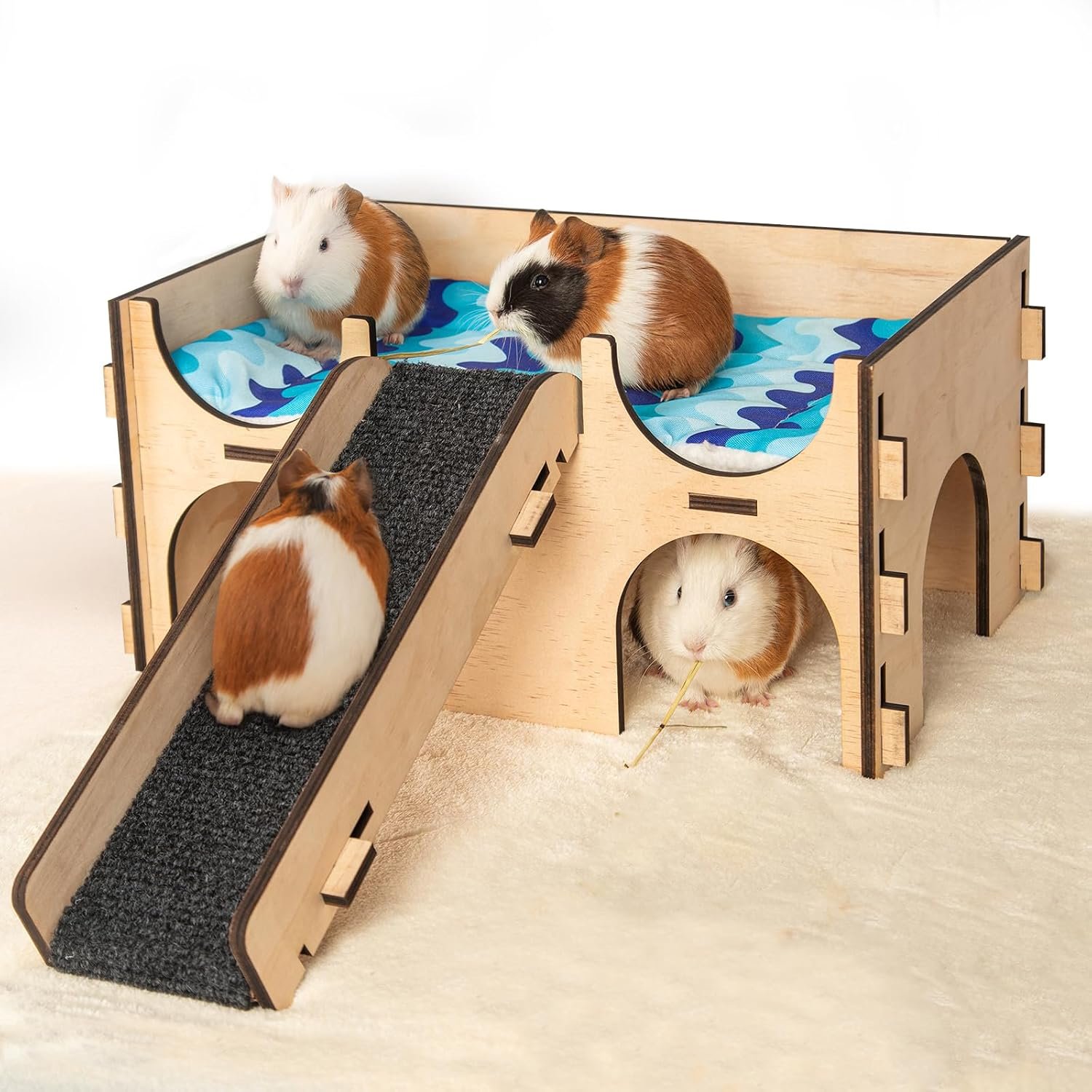 SoulThink® Upgraded Large Guinea Pig Toys Hideout – Easy to Assemble Wooden Guinea Pigs Castle with Ramp and Sky Blue Bed Cushion Decorative Guinea Pig Furniture for Play Area and Cage