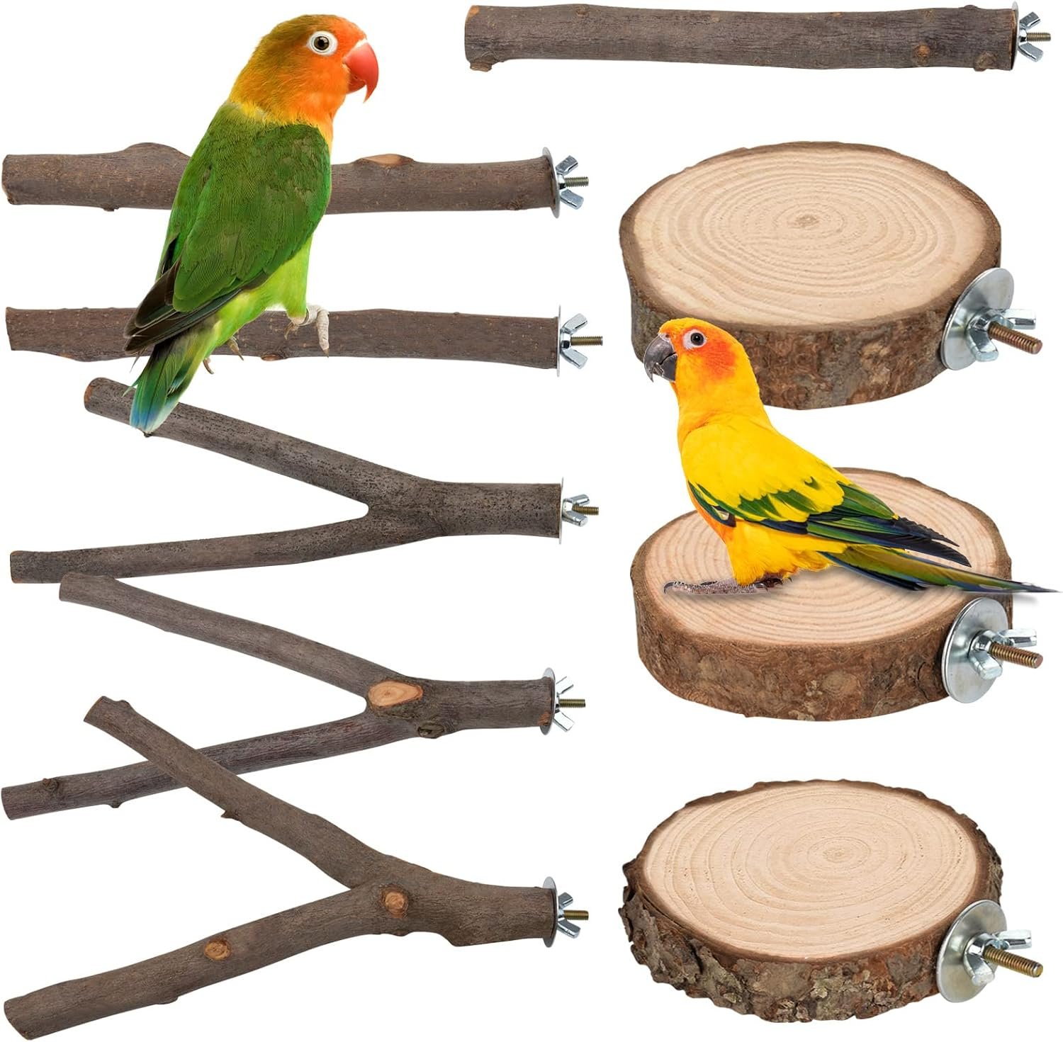 9 PCS Natural Wood Bird Perch, Wooden Parrot Perch Stand | Bird Cage Branches Platform Accessories for Parakeets Cockatiels Conures Macaws Finches Love Birds