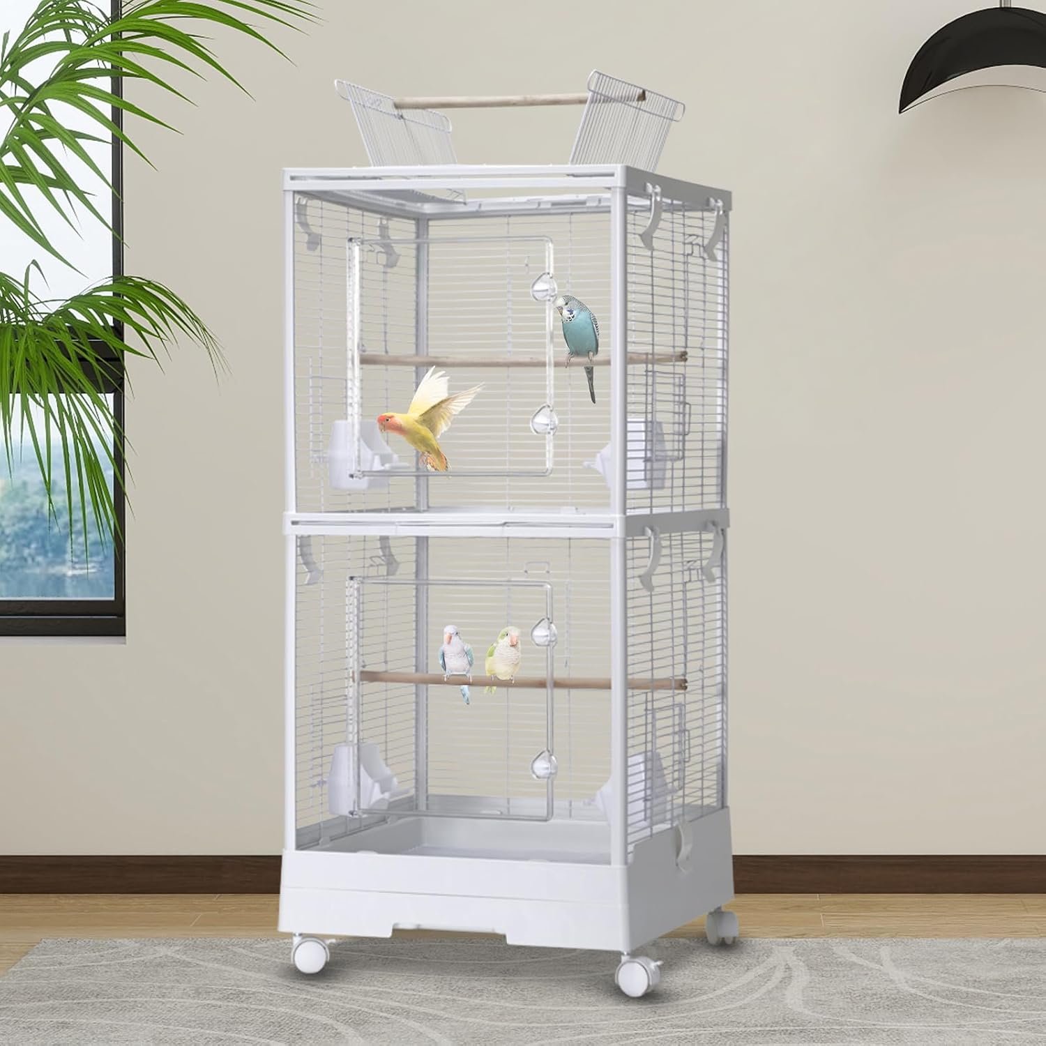 Large Double-Layer Bird Cage with Removable Tray, Rolling Stand, Perches, Feeding Bowls, Spray Guard, Play Roof – Easy-Clean 100x46x46cm Aviary for Budgies, Canaries, Parakeets – White