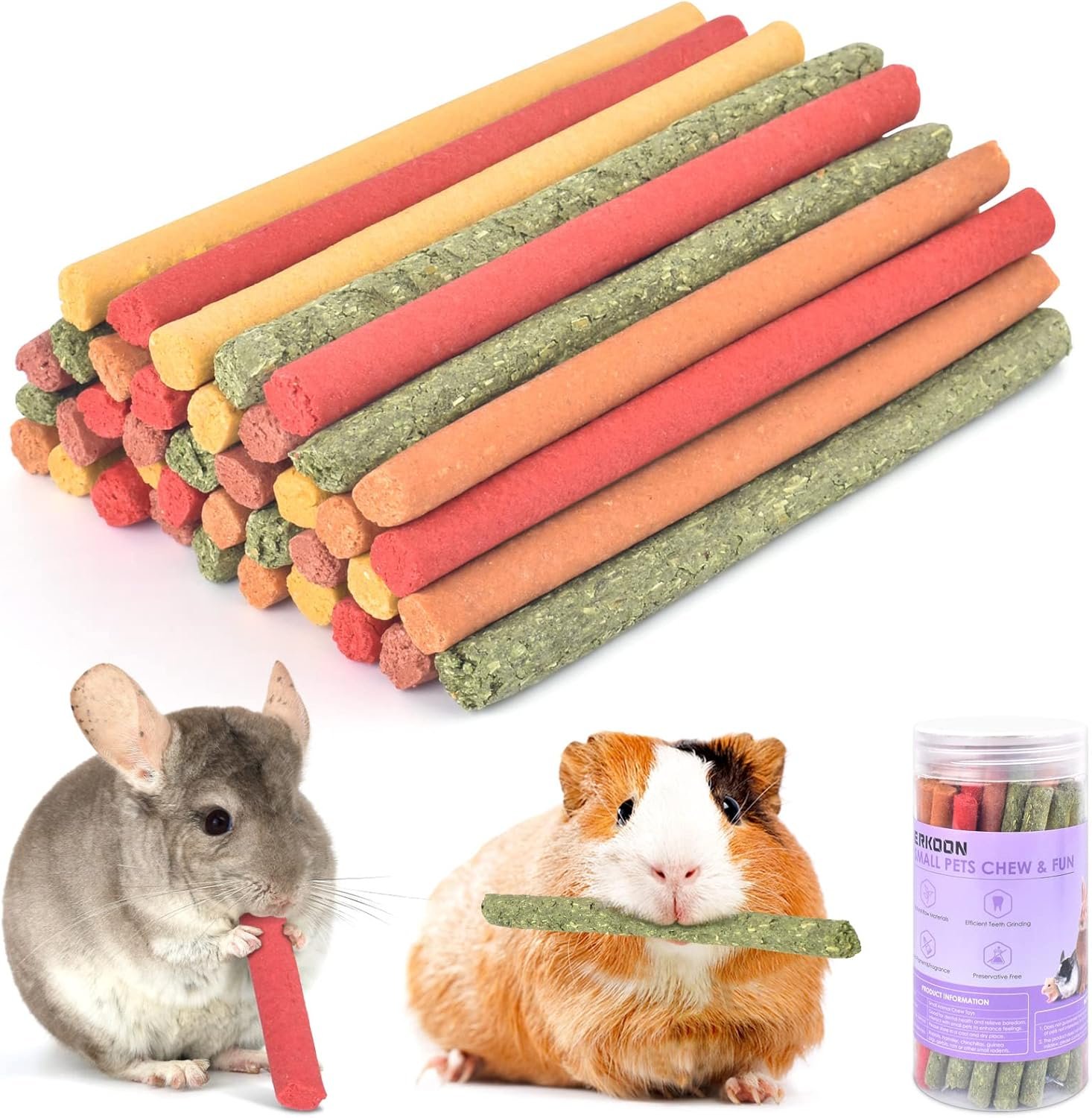 ERKOON 40Pcs Rabbit Timothy Hay Sticks, Five Flavors：PurplePotato/TimothyHay/Pumpkin/Strawberry/Carrot，Suitable Guinea Pig, Hamste, Gerbil, Chinchilla Treats, Chew Toys for Teeth for Bunnies