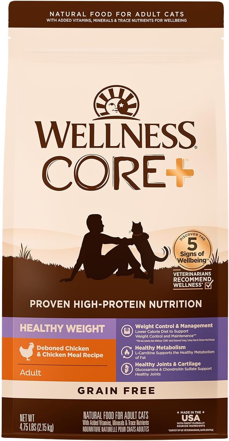 Wellness CORE+ Healthy Weight Adult Dry Cat Food, Natural, Grain Free Kibble, Chicken Recipe, 4.75 lb Bag
