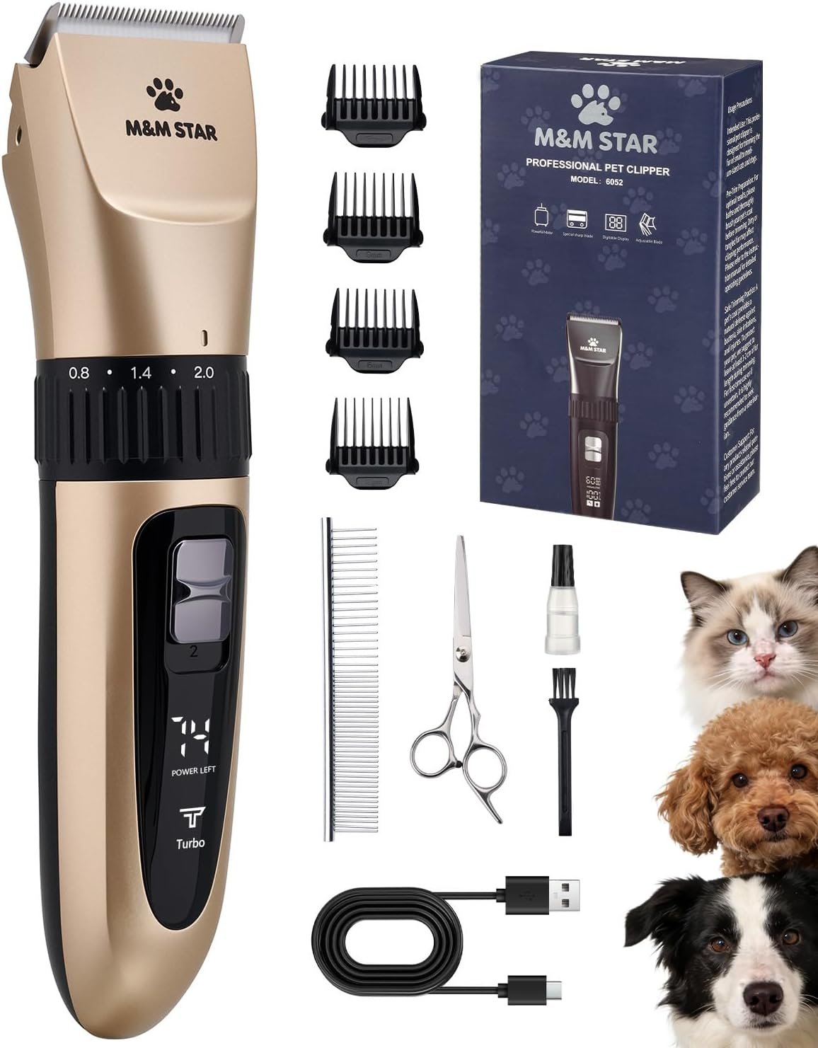 M&M STAR Dog Grooming Kit, Low Noise Dog Clippers, 2-Speed IPX7 Waterproof, Rechargeable Cordless Pet Hair Clippers Trimmer Shaver with LED Display for Dogs and Cats, Gold
