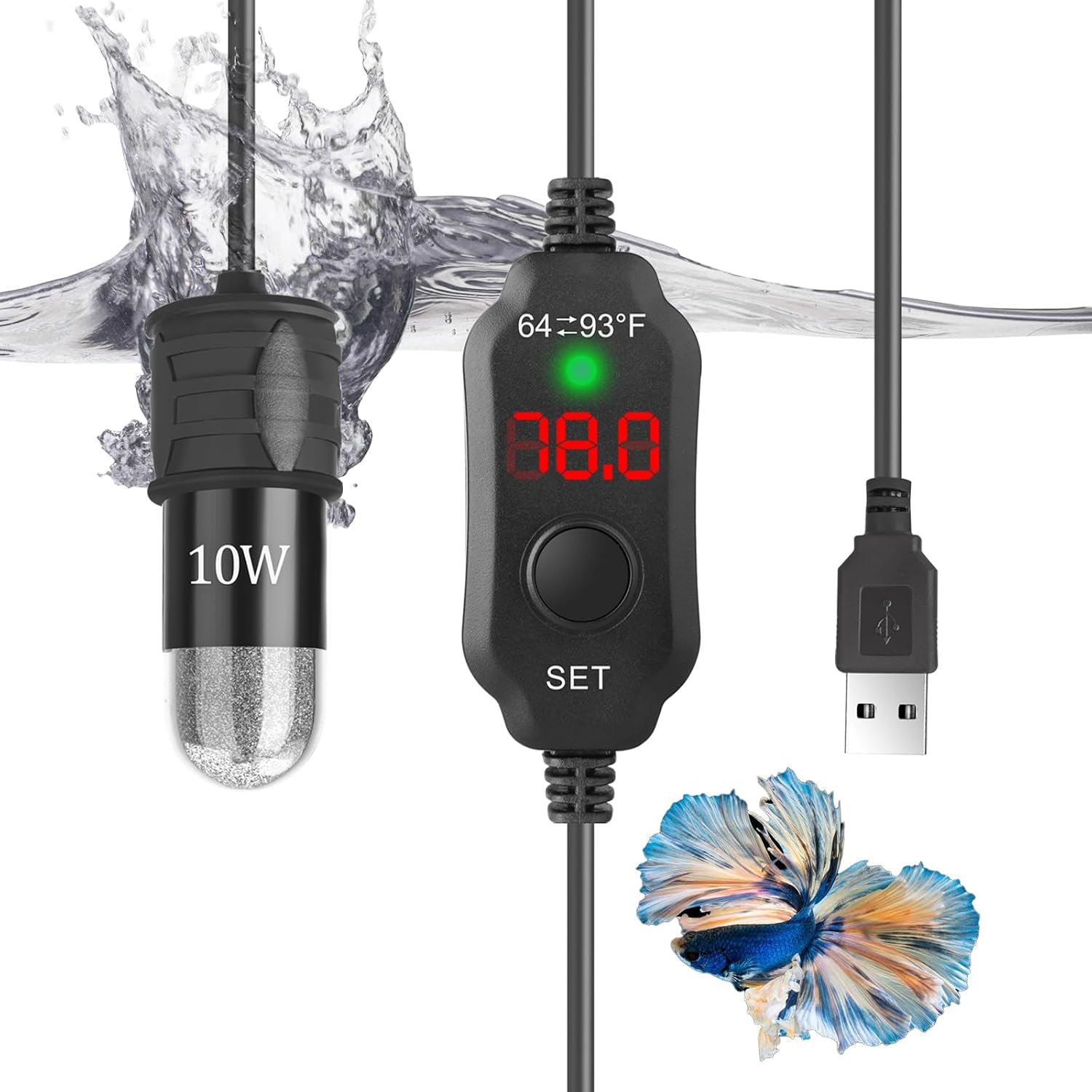 10W Mini Aquarium Heater for up to 1 Gallon Tanks | Super Small 5V/2A USB Fish Tank Heater with Digital Thermostat, Dry-Run & Overheat Protection, Memory Function