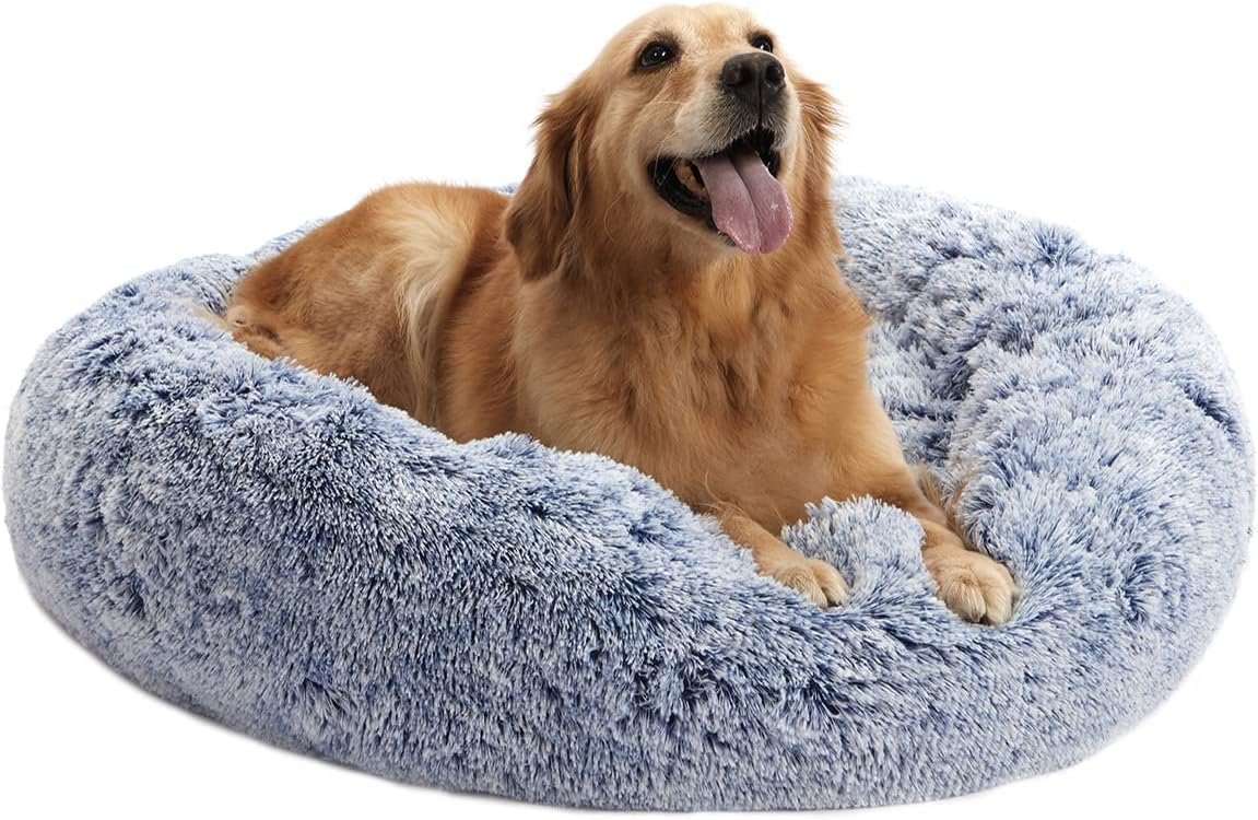 Bedfolks Calming Donut Dog Bed – 36 Inch Round Plush Beds for Large Dogs, Anti-Anxiety Machine Washable (Navy Blue, Large)