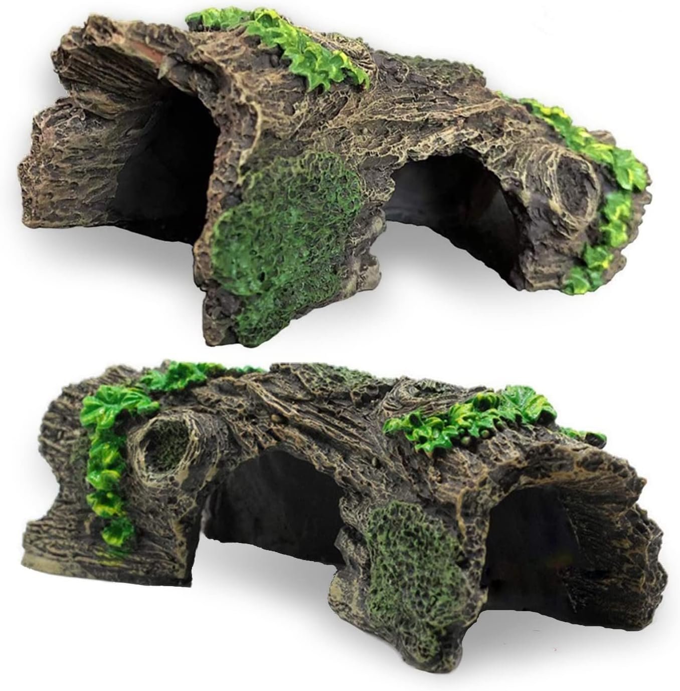 2PCS Small Aquarium Trunk Decoration Hollow Tree Trunk Hideout Log Hideaway Fish Tank Resin Wood Ornament Reptile Habitat Cave for Fish and Shrimp to Swim(6.7X 3.3 x 3”)
