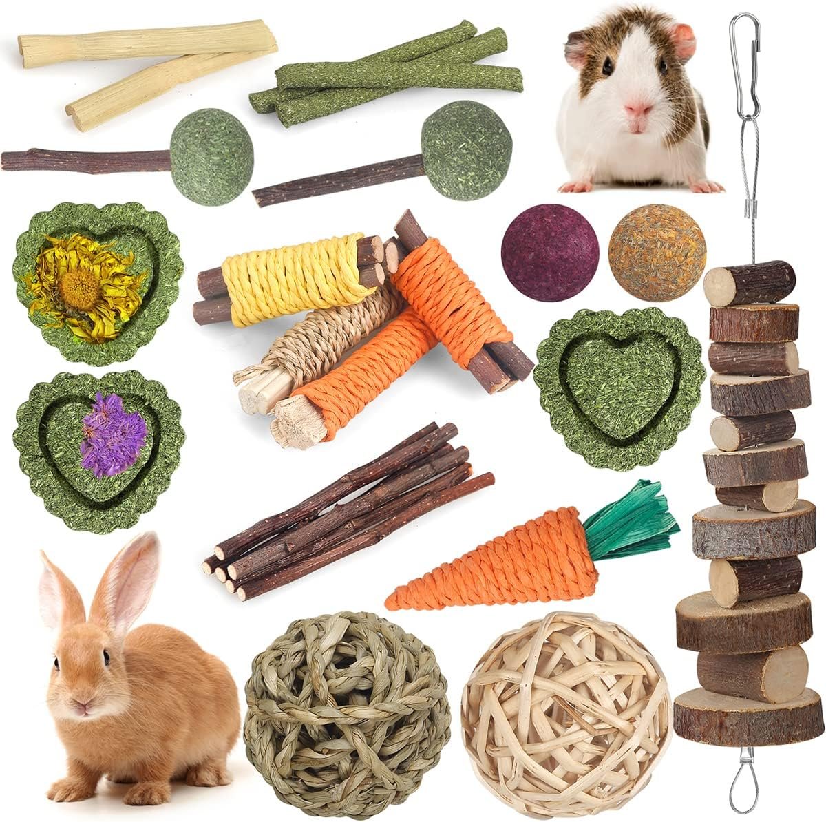 YIXUND Rabbit Toys Bunny Toys 26Pcs Natural Timothy Hay Sticks Apple Wood Sticks Handmade for Guinea Pig Hamster Rat Chinchilla