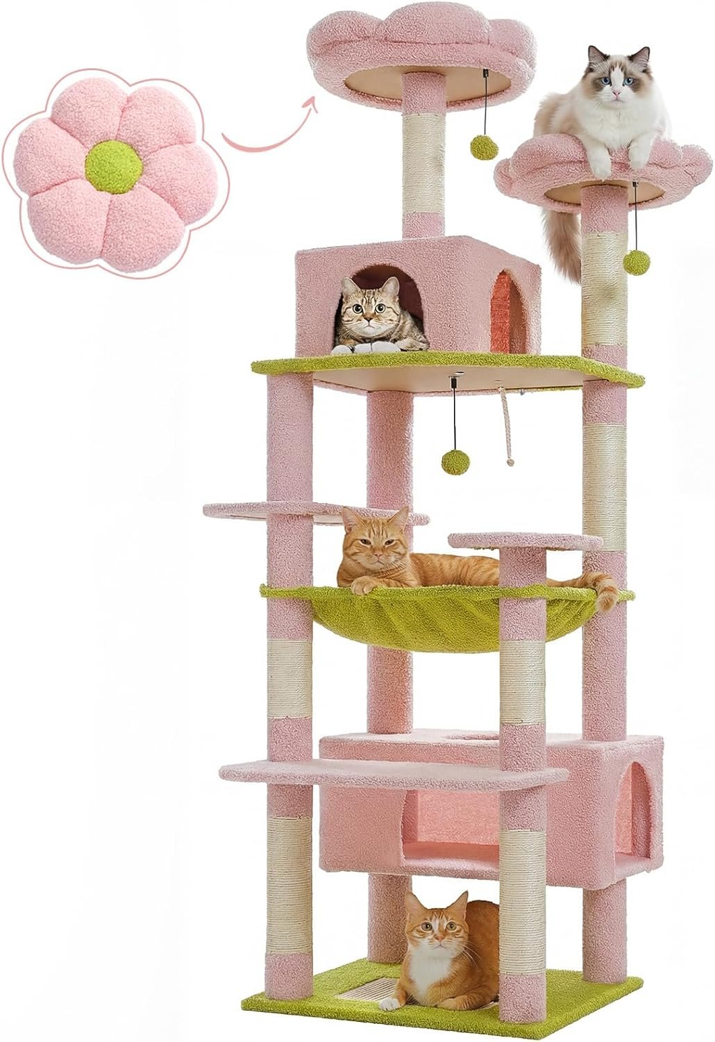 PAWZ Road Flower Cat Tree 72″ Cat Tower with Condos&Hammock for Large Cats