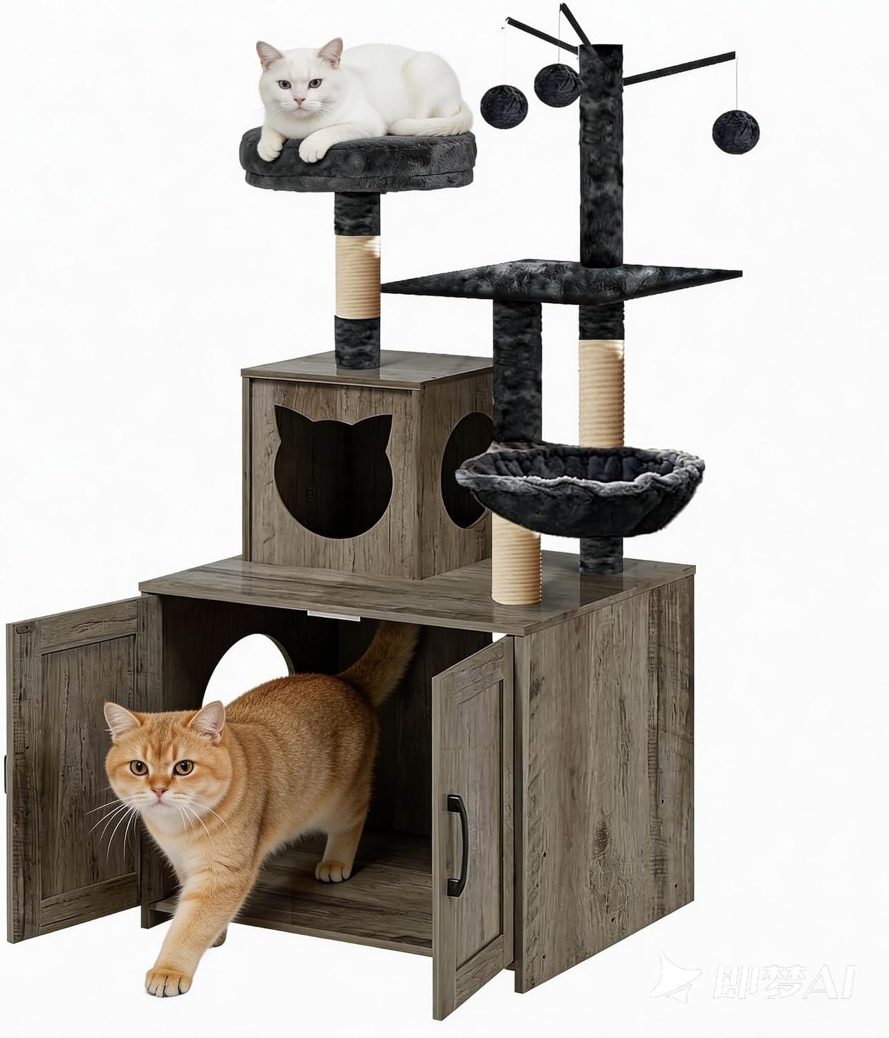Cat Tree with Litter Box, Wood Litter Box Enclosure with Food Station, Modern Cat Tower for Indoor Large Cats with Large Platform,Cat Condo with Scratching Posts, Hammock, Caves, Basket,Grey