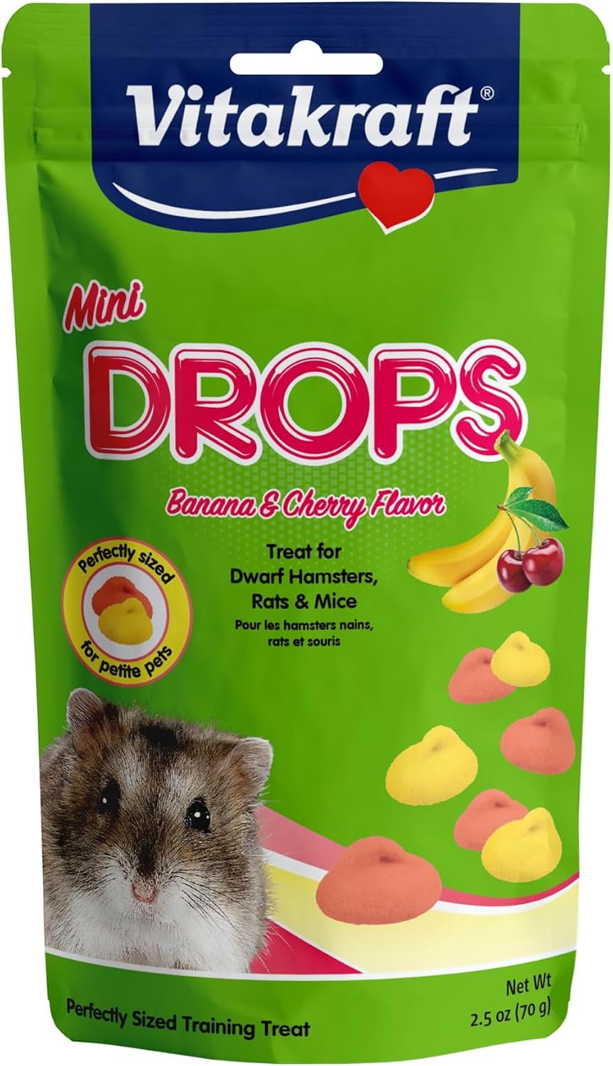 Vitakraft Mini Drops Cherry Banana Treats for Hamsters Rats Mice and Small Pets – Wholesome Small Animal Snacks with Real Fruit Flavor and Nutrient-Rich Goodness – 2.5 Ounce Pack