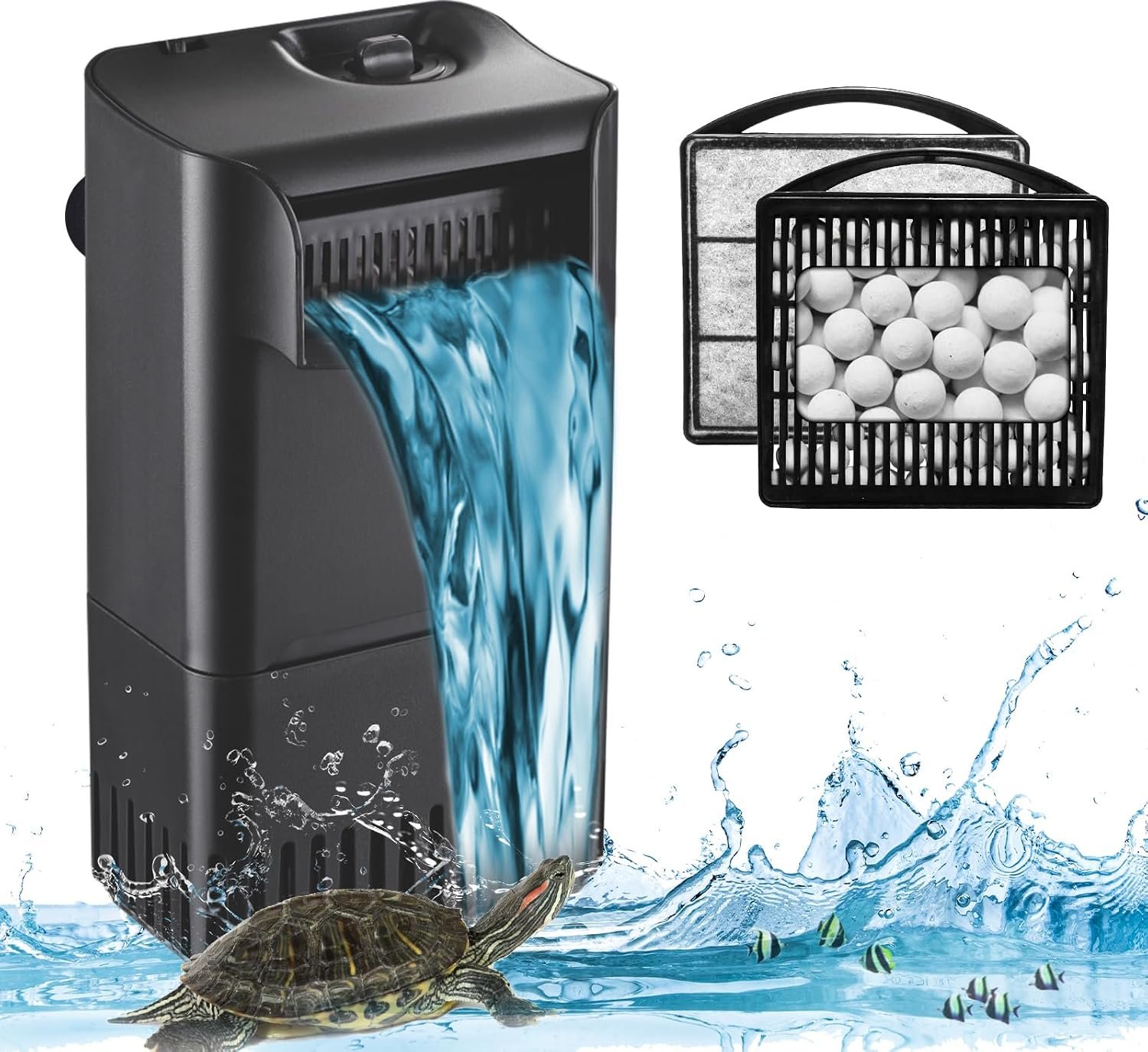 222GPH 10W Turtle Tank Filter Aquarium Filter Power Adjustable 10-40 Gal | Small Internal Filter 3-Stage Bio-Filtration Waterfall Quiet Low Water Level for Freshwater Saltwater Fish Tank Easy to Clean