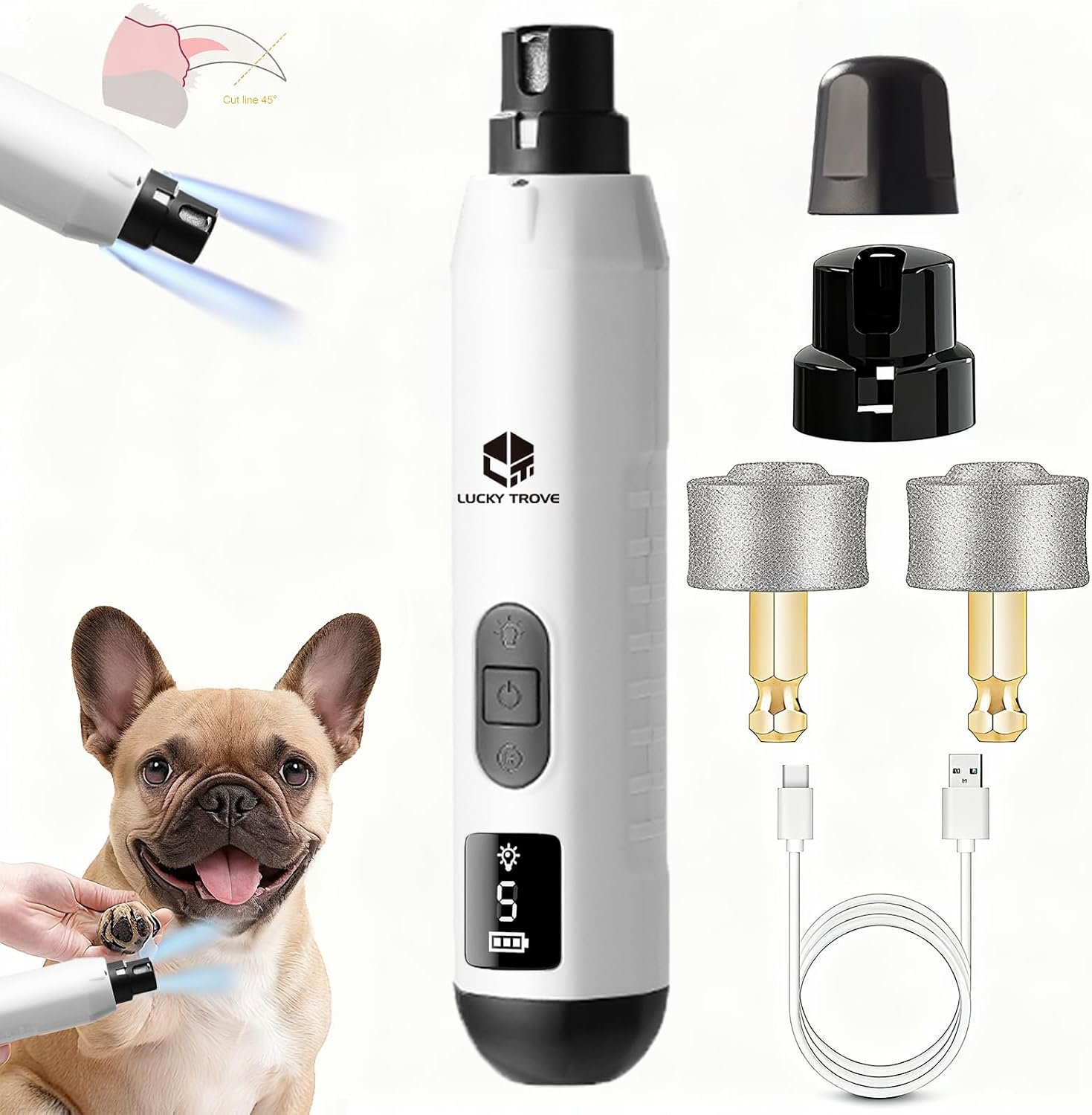 2026 Silent Groom Pro Pet Nail Grinder,5-Speed Dog Nail Grinder with Led Light, 45db Quiet Painless Paws Grooming & Smoothing for Small Medium Large Dogs & Cats (1+2*Replacement Head) (White)