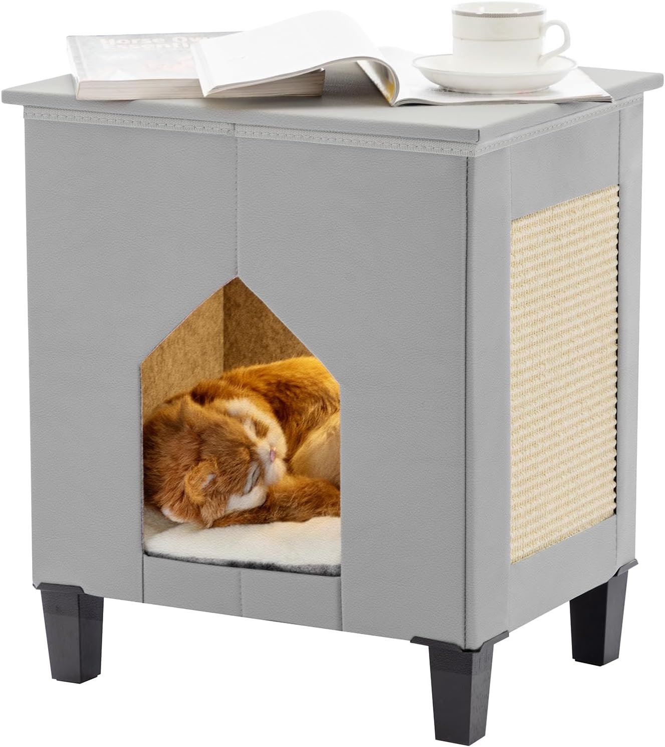 Cat House for Indoor Cats Condo,Cat Furniture with Large Area Scratch Pad，Leather Cat Bed Side Table & Nightstand for Living Room and Bedroom Decoration,Grey