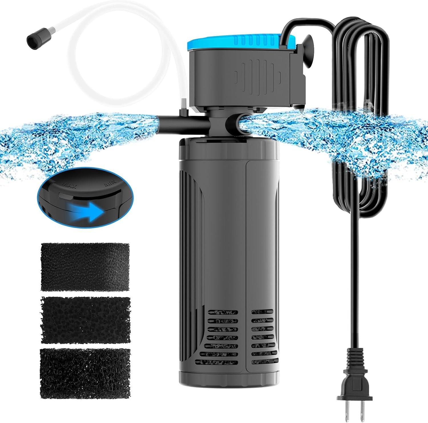 AquaMiracle Water Flow Adjustable 3-Stage Aquarium Filter with Aeration | 225GPH Internal Aquarium Filter for 20-70 Gallon Aquariums | in-Tank Filter Turtle Filter with Dual Outlets