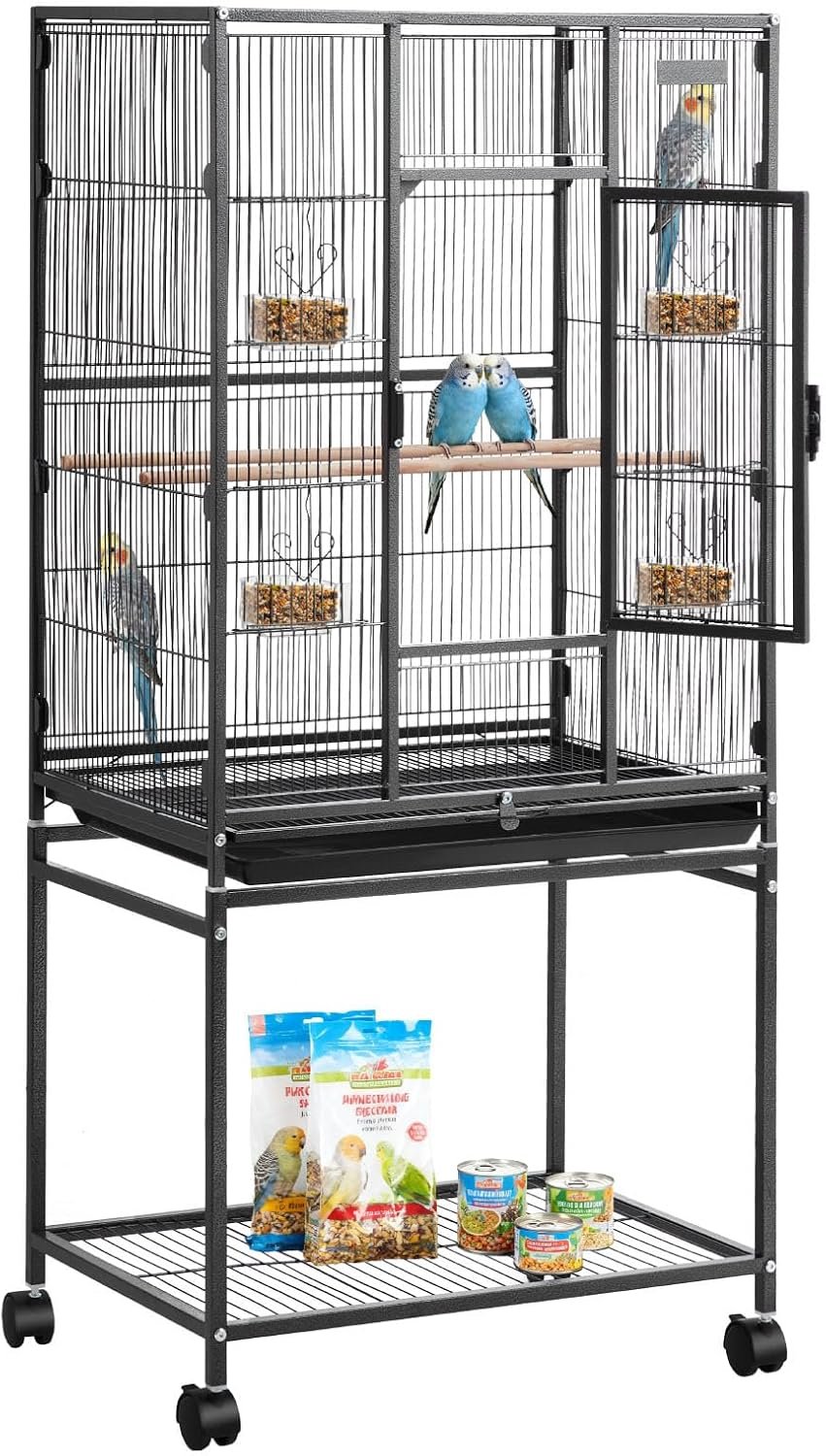 VEVOR Bird Cage Bird Flight Cage 24.6×16.7×53.9 inch Flat Top Wrought Iron | for Cockatiel Canary Conure, 0.4″ Bar Spacing Suits 3-4 Small to Medium Birds, Perches Slide-Out Tray Plastic Feeders Casters