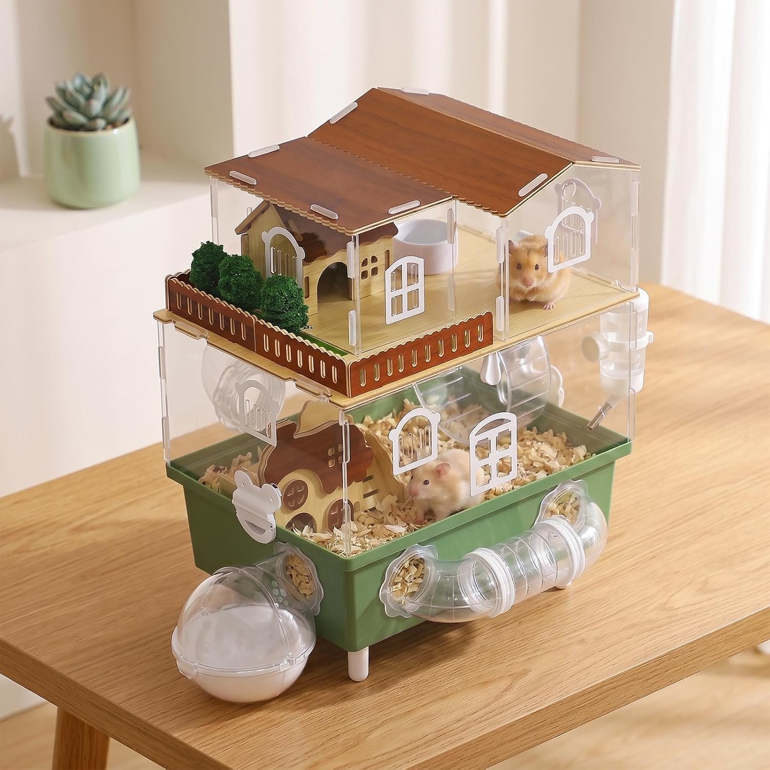 Acrylic Hamster Cage Clear Hamster Habitat with Running Wheel & Hideout | 2-Tier Hamster House with Tubes and All Accessories, Easy to Clean, Suitable for Small Hamsters, 13.3”* 9.8”* 17.4”, Green