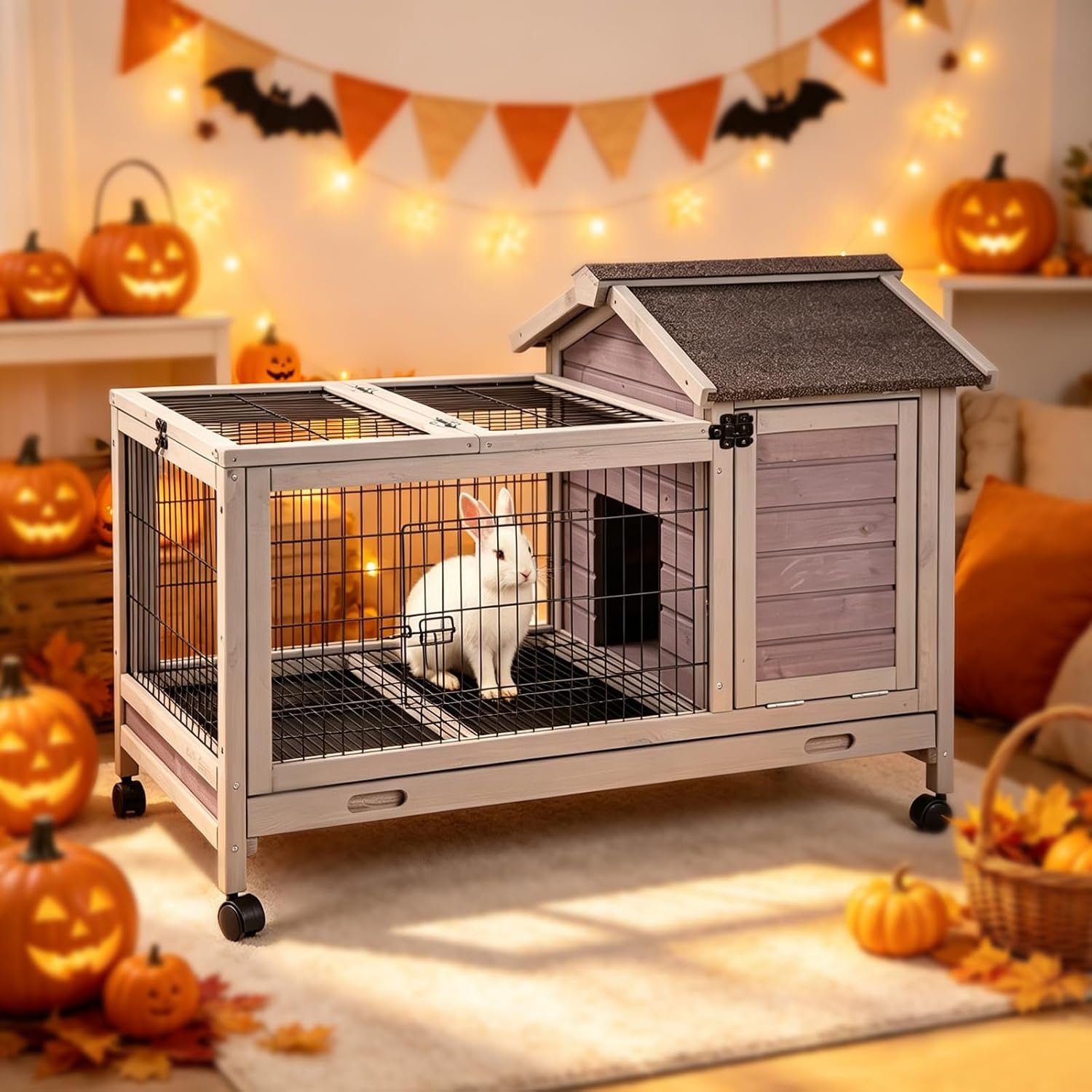 Aivituvin Rabbit Cage Indoor for 1-2 Bunnies, 6.6ft² Wooden Outdoor Rabbit Hutch, Small Bunny House, Guinea Pig Cage with Leakproof Pull Out Tray, 4 Wheels and Removable Wire Floor Grid