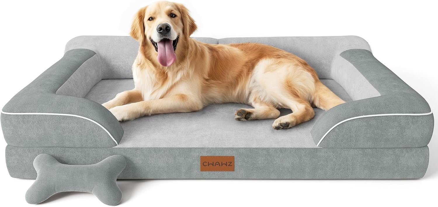 CWAWZ Extra Large Dog Bed, Orthopedic Dog Bed with Cooling Gel Memory Foam, Waterproof XL Pet Bed with Removable Washable Cover, 42″ Pet Sofa Couch Dutch Velvet with Bone Toy, Light Gray