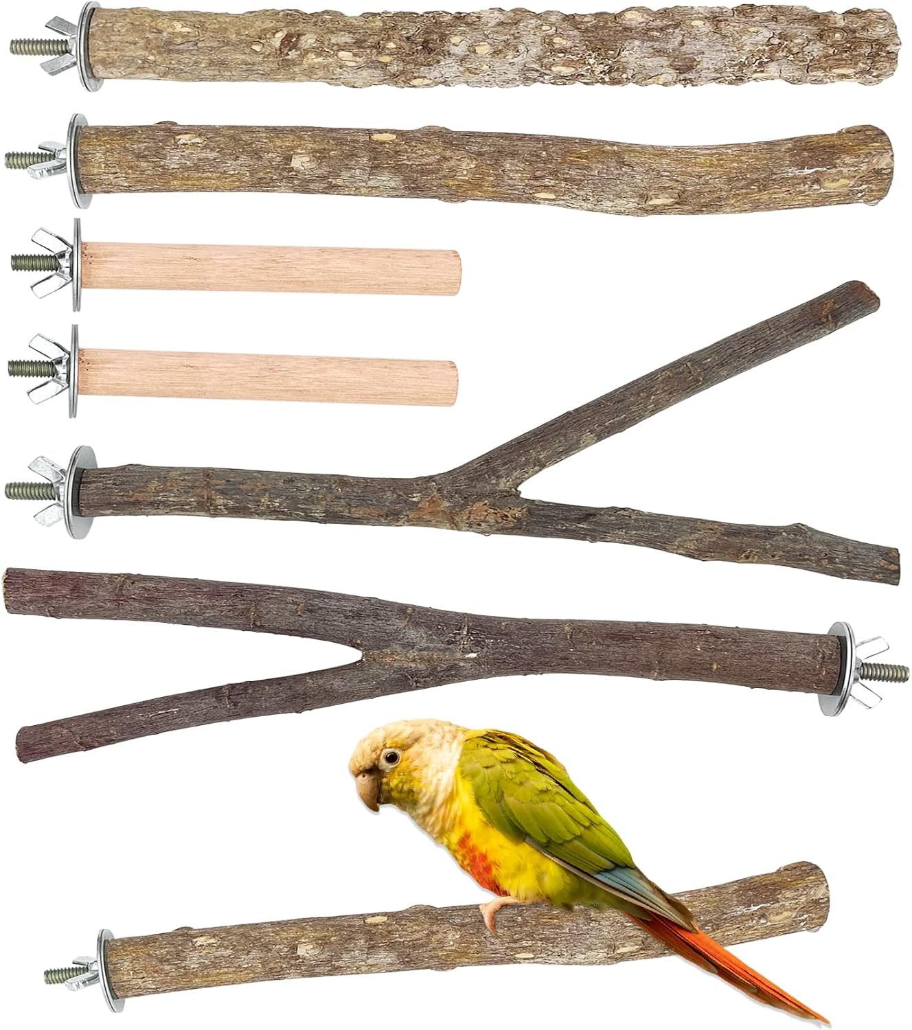 Bird Perch 6 PCS Natural Wood Bird Perches Set, Parrot Stand Fork Toys, Hanging Multi-Branch Perch Birds Cage Accessories for Small Parakeets, Conures, Cockatiels, Budgies, Finches, Small Bird Habitat