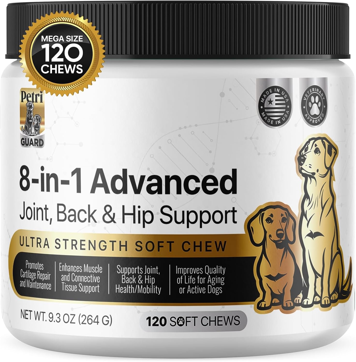 PetriGuard | Advanced Hip, Back & Joint Supplement for Dogs | Ultra Strength Formula w/ 8 Active Ingredients | USA Made & Veterinarian Approved | Glucosamine, Turmeric, MSM + 5 More – 120 Chews
