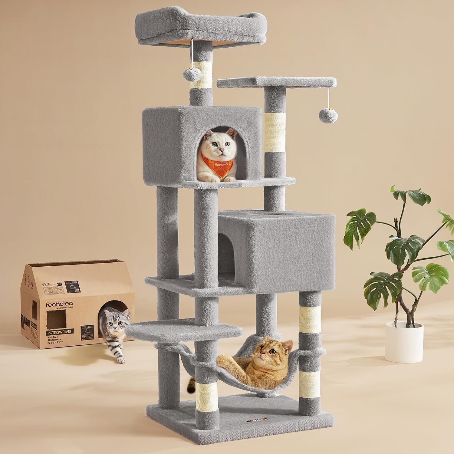 Feandrea Cat Tree, 59.5-Inch Tall Cat Tower, Multi-Level Condo, Light Gray | with 5 Scratching Posts, 2 Perches, 2 Caves, Hammock, 2 Pompoms, 2 Caves for Indoor Cats, Easy to Assemble, UPCT192W01