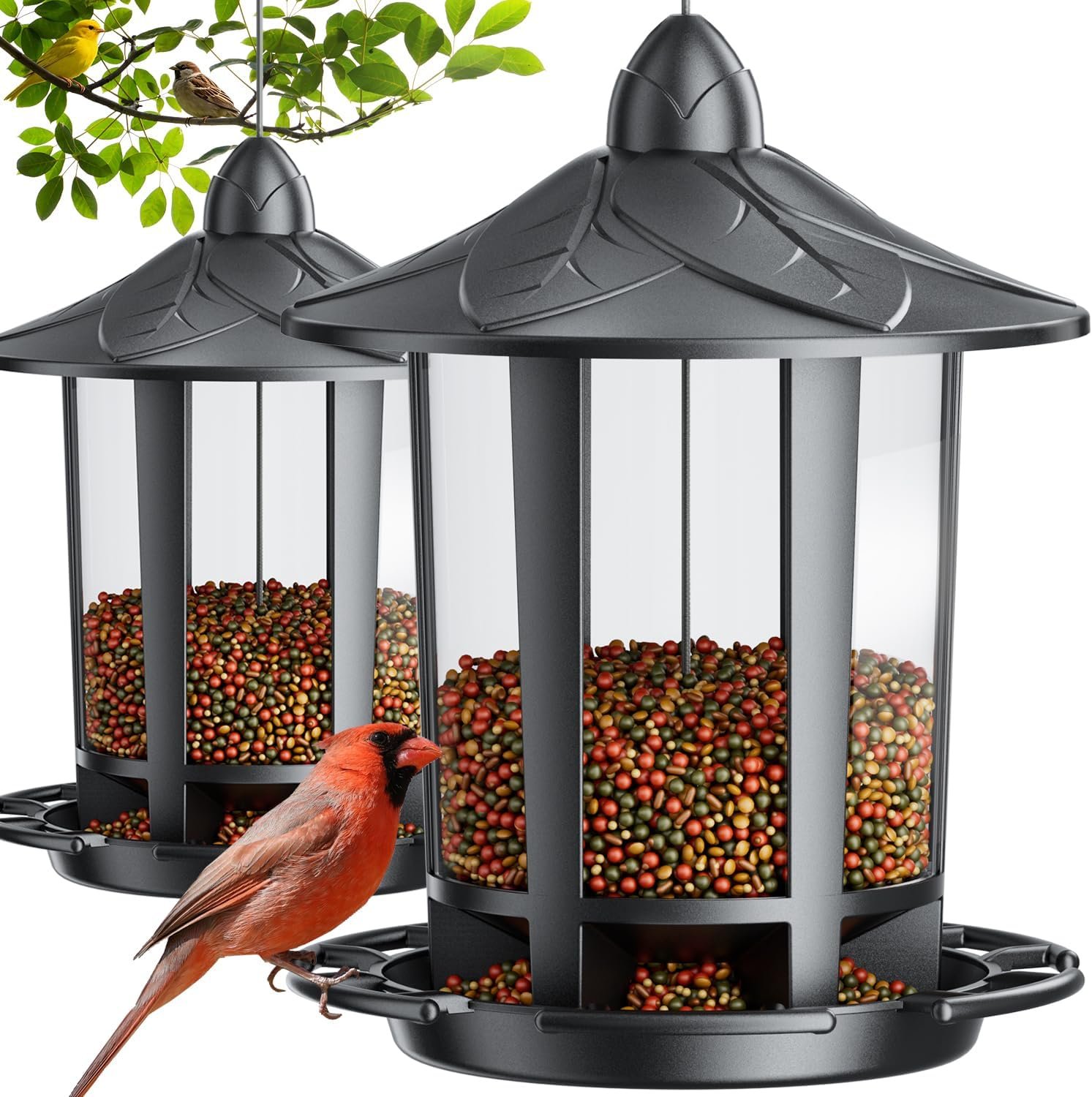 Birdream 2 Pack Bird Feeders for Outdoor Hanging, Assembly Required, 1-Min Easy Setup, Charming Castle Design, Attracting Cardinals Chickadees Goldfinches & Sparrows – Black