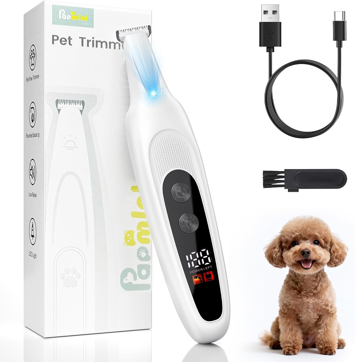 PAPMINI Ultra-Sharp Dog Paw Trimmer with LED Light, No-Pull 35dB Low Noise Paw Trimmers for Dog’s Feet, 2 Speed Electric Dog Clippers for Grooming, Rechargeable Cat Shaver (White)