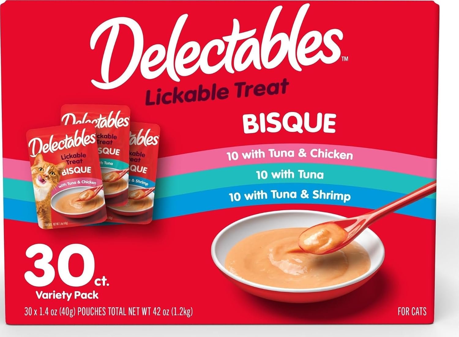 Delectables Lickable Treat Bisque Wet Cat Treat Variety Pack, Food Topper, Hydrating, Grain-Free, No Fillers, No By-Products, No Added Preservatives, 1.4oz Pouch, 30ct