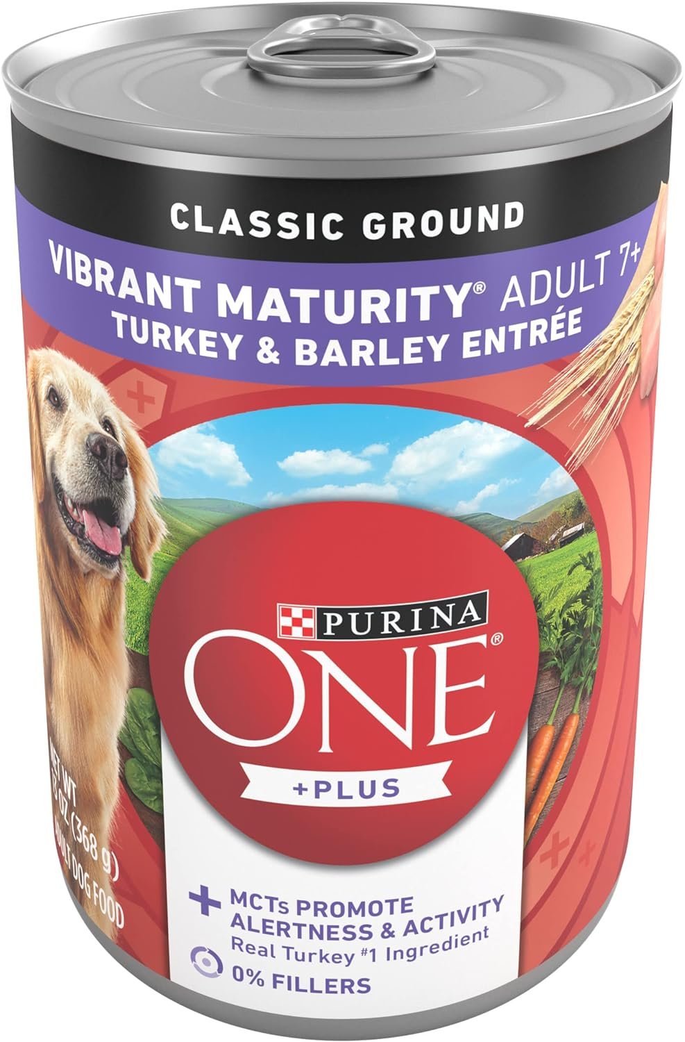 Purina ONE Plus Senior Wet Dog Food, Turkey & Barley, (12) 13 oz Cans | Ground dog food for mature 7+ dogs, with MCTs promoting alertness and activity and real turkey as the number one ingredient
