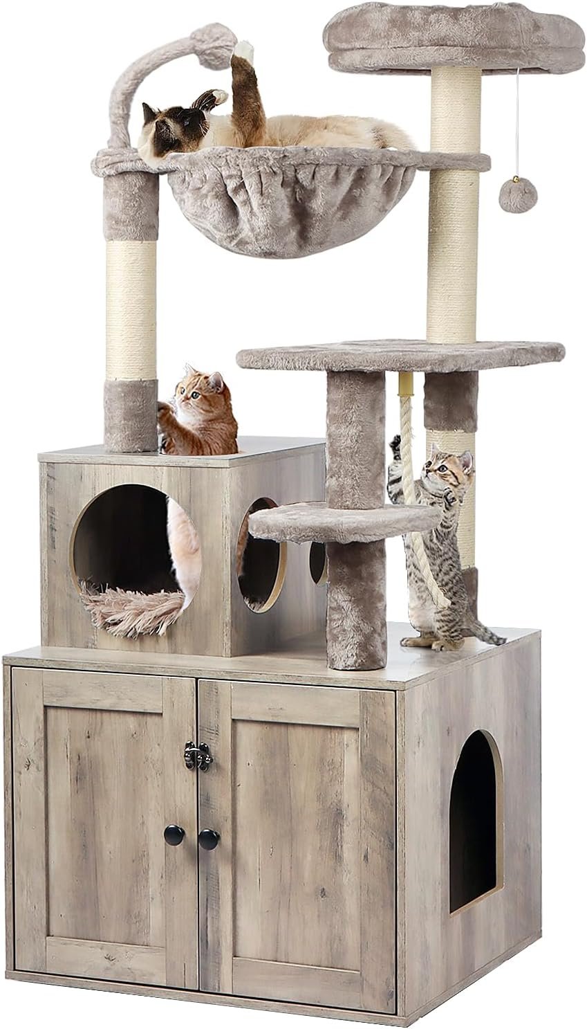 Timberer Cat Tree with Litter Box Enclosure, 2-in-1 Cat Tower | Large Wood Cat Condo with Basket, Scratching Posts, Pompoms, Modern Style, for Indoor Cats, Grey