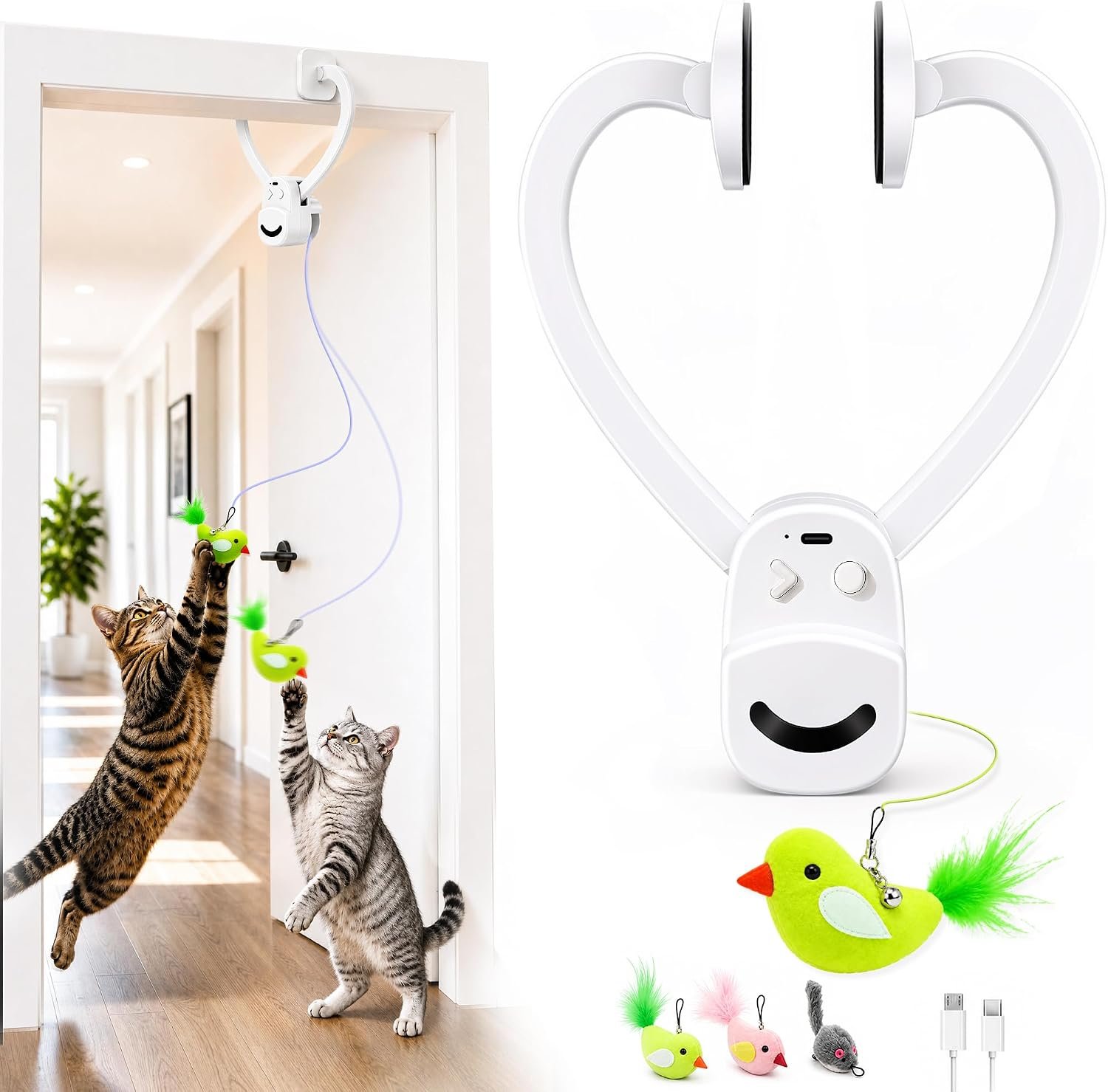CATPICK Interactive Doorway Cat Toy, No-Adhesive Clip-On for Indoor Cats | Automatic Retractable bird-and-mouse motion with 8-minute auto-play, touch-to-wake response, USB charging, 2 birds & 1 mouse