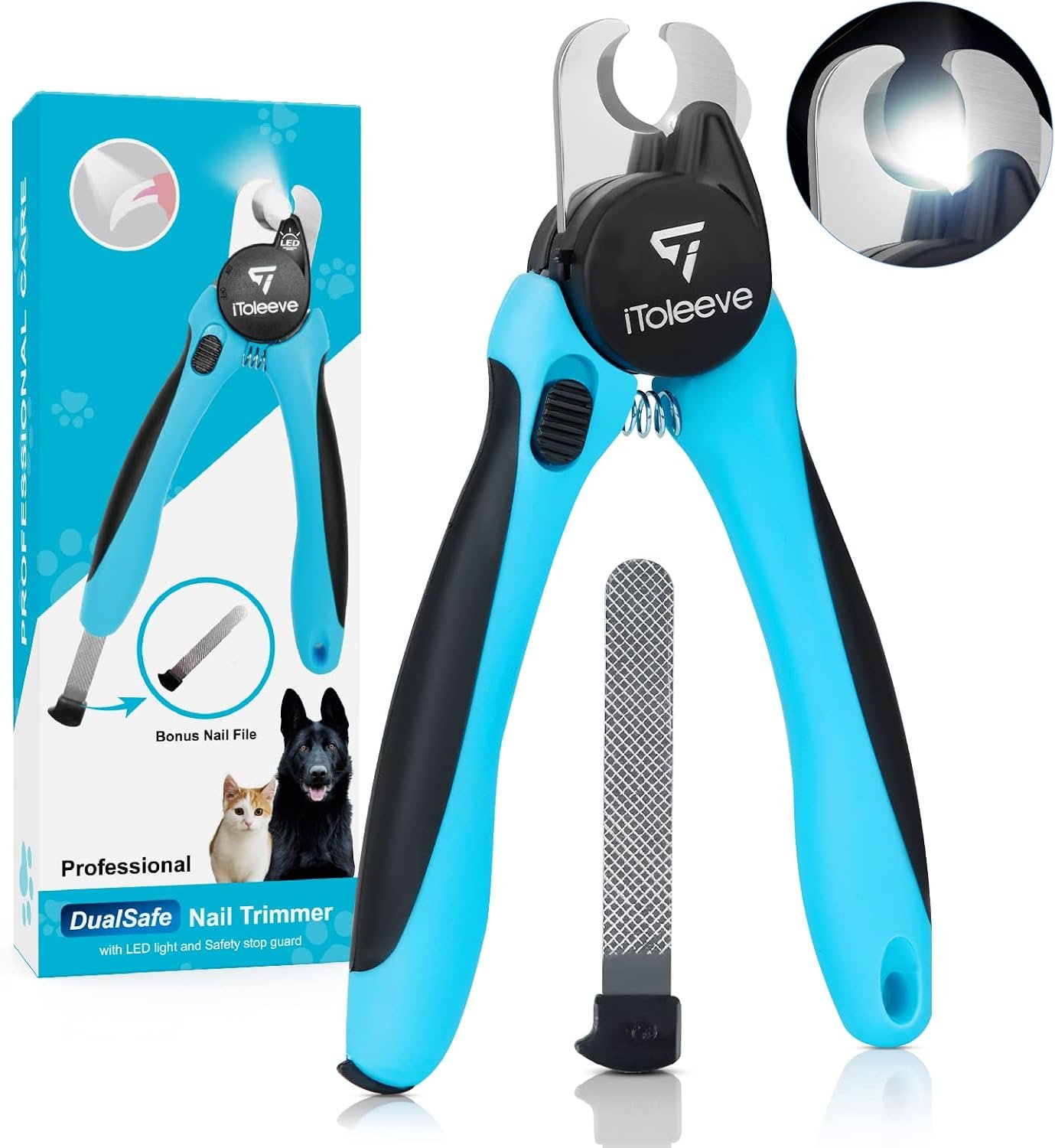 iToleeve LED Dog Nail Clipper with Light, Illuminates Nails Helps See Quick | Professional Pet Nail Trimmer for Dogs & Cats, Extra Sharp Blade for Thick Nails, Safety Guard, Nail File & Safety Lock