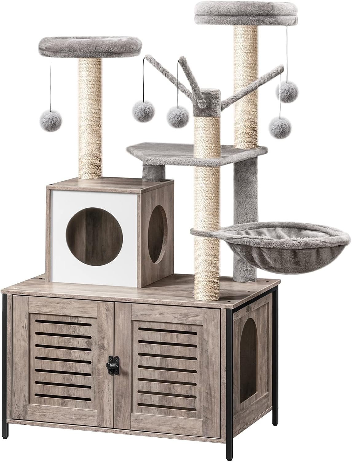 HOOBRO Cat Tree with Litter Box Enclosure, 27.6″ L x 18.9″ W x 52″ H, All-in-One Wooden Cat Tower, Cat Furniture for Indoor Cats, Cat Condo with Hammock, Detachable Teaser Sticks, Greige BG14MZ03