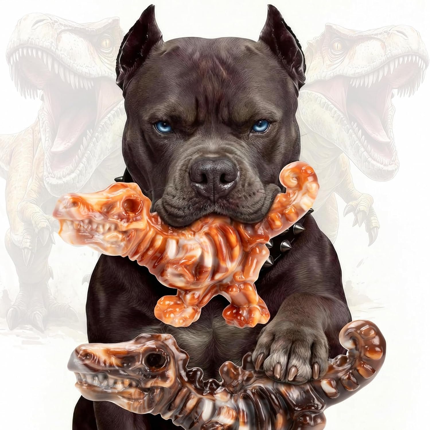 DinoBone 2-Pack Tough Dog Chew Toys for Aggressive Chewers, Rock-Hard Nylon | Bacon Flavor Bones for Large Dogs 20–90 Lb, Designed for Power Chewers and Helps Redirect Destructive Chewing, Amber Color