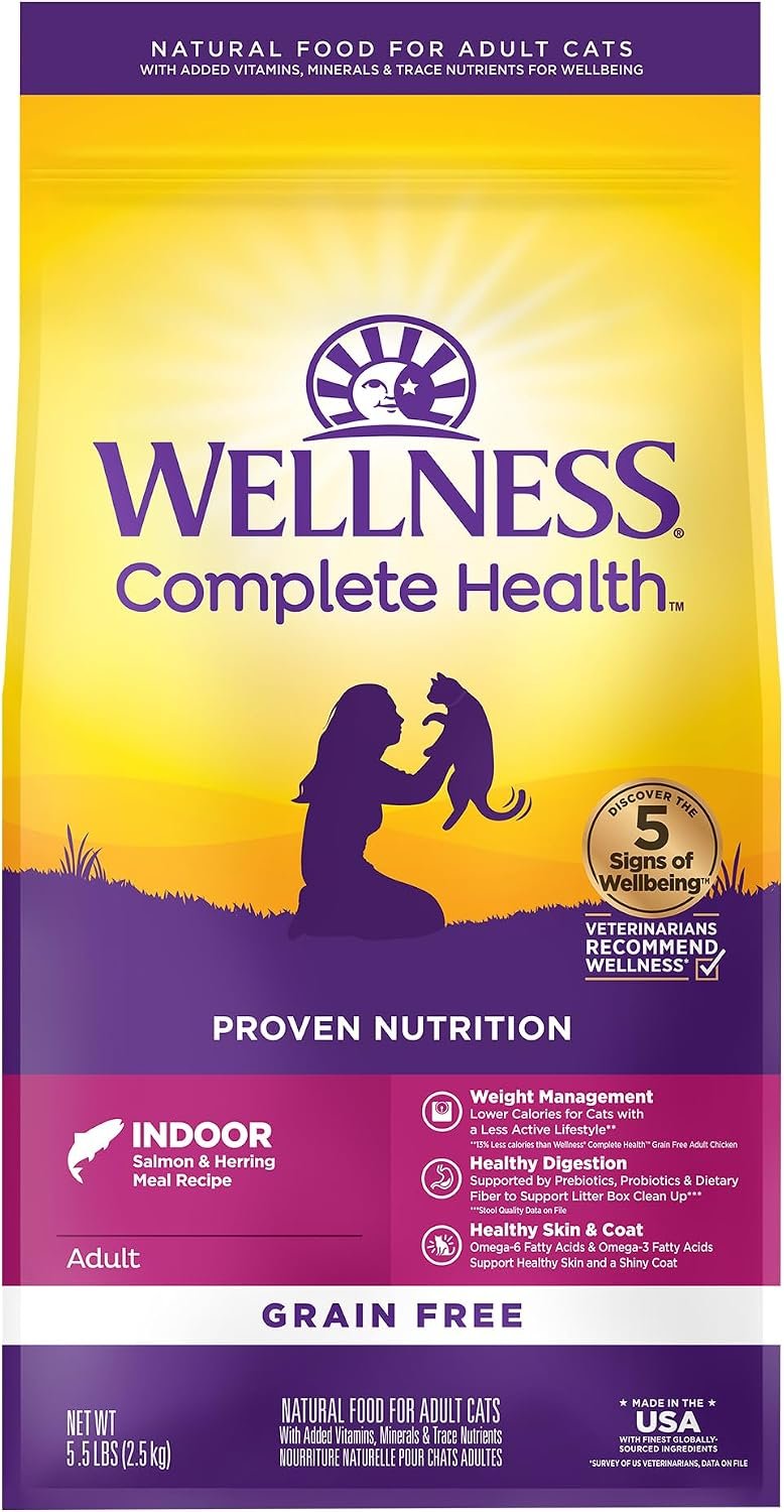 Wellness Complete Health Adult Dry Cat Food for Indoor Cats, Natural, Grain Free Kibble, Salmon and Herring Meal Recipe, 5.5 lb Bag
