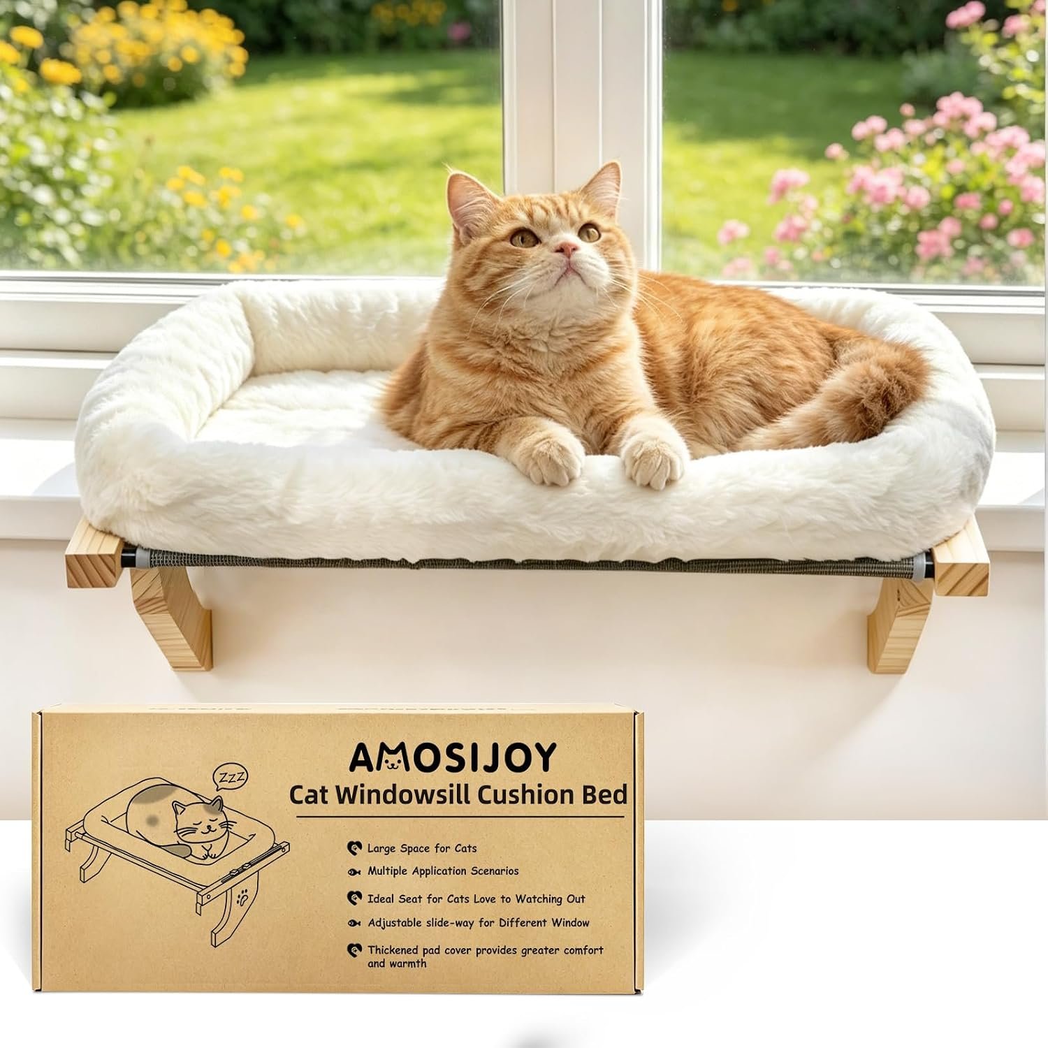 AMOSIJOY Wooden Cat Windowsill Perch with Zipper Cushion Bed, 21.7in | Sturdy Wood & Metal Frame Hold up to 40lbs, Machine Washable, Easy to Adjust, Hook-on Mounting Cat Hammock Seat for Large Cat