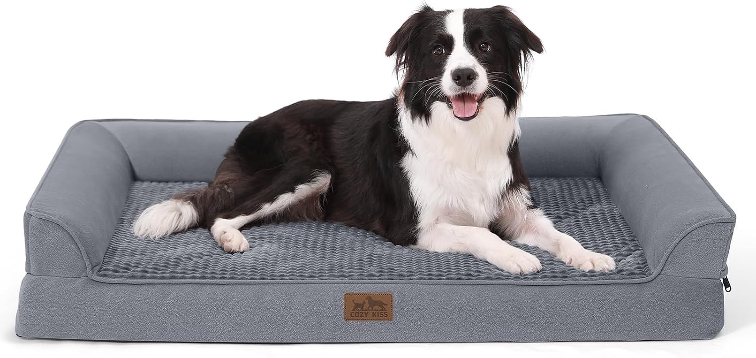 COZY KISS Orthopedic Dog Bed for Extra Large Dogs, U Shaped XL 42×30 inch | Non-Slip Soft Warm Pet Sofa with Bolster Side, Washable Removable Waterproof Cover, Couch with Portable Handle, Grey