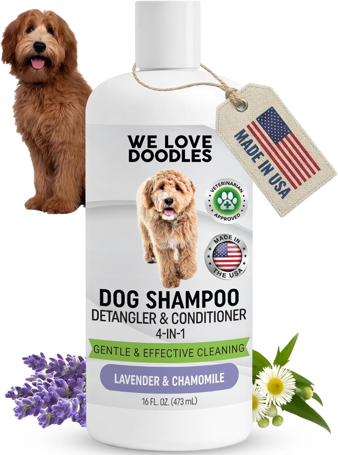 Dog Shampoo, Conditioner & Detangler, Hypoallergenic Tearless Lavender 16OZ | For Sensitive Itchy Skin, Best Shampoo For Smelly Dogs, Goldendoodle, Poodle & Doodle, Puppy Pet Wash Soap, USA Made, 4-in-1
