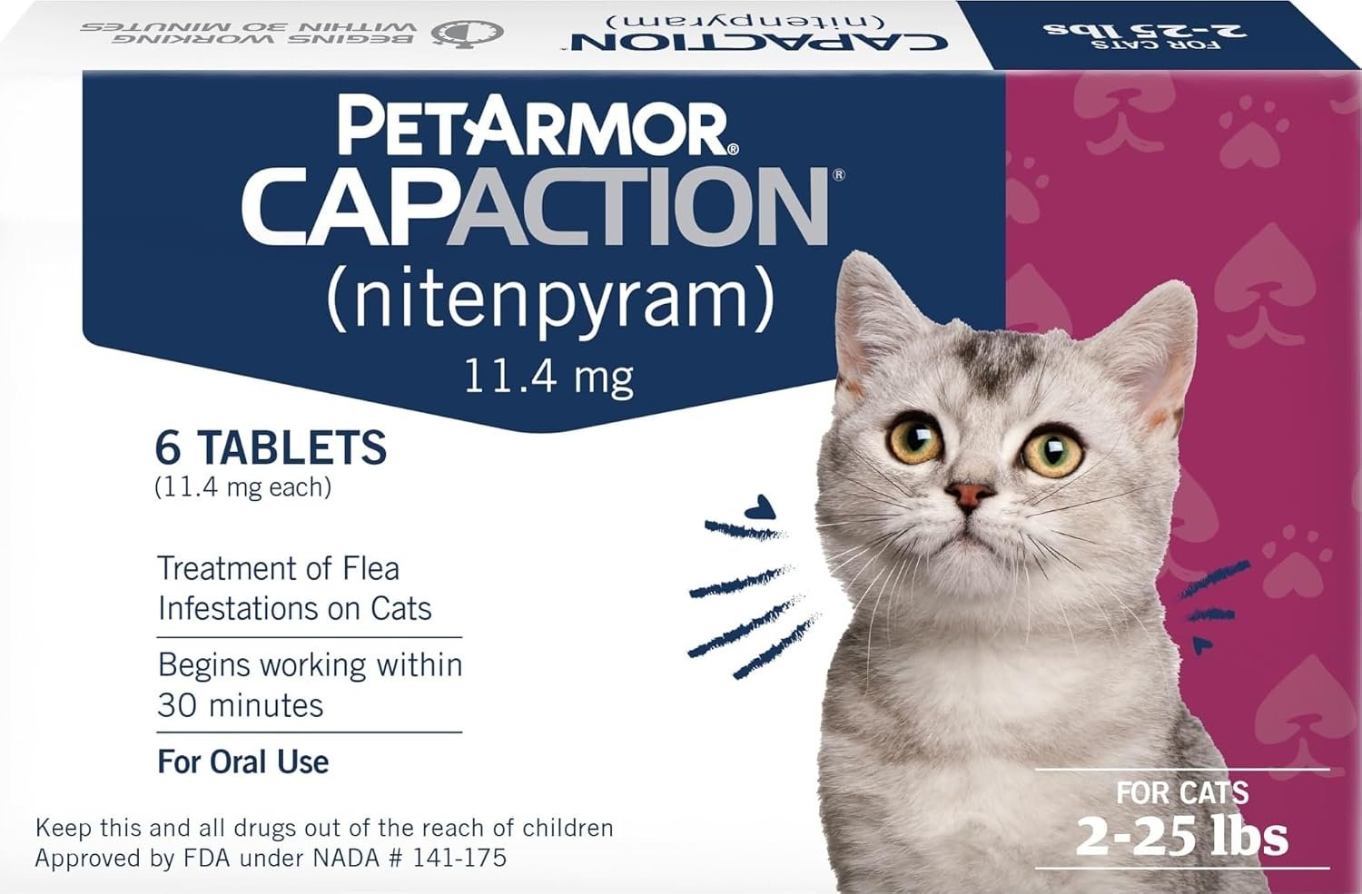 PetArmor CAPACTION (nitenpyram) Oral Flea Treatment for Cats, Cat Flea Treatment Pill, Fast Acting Tablets Start Killing in 30 Minutes, 2-25 lbs, 6 Doses | Ideal for Cats 2-25 lbs; Oral Tablet, No Mess; 6 doses; Fast Flea Knockdown