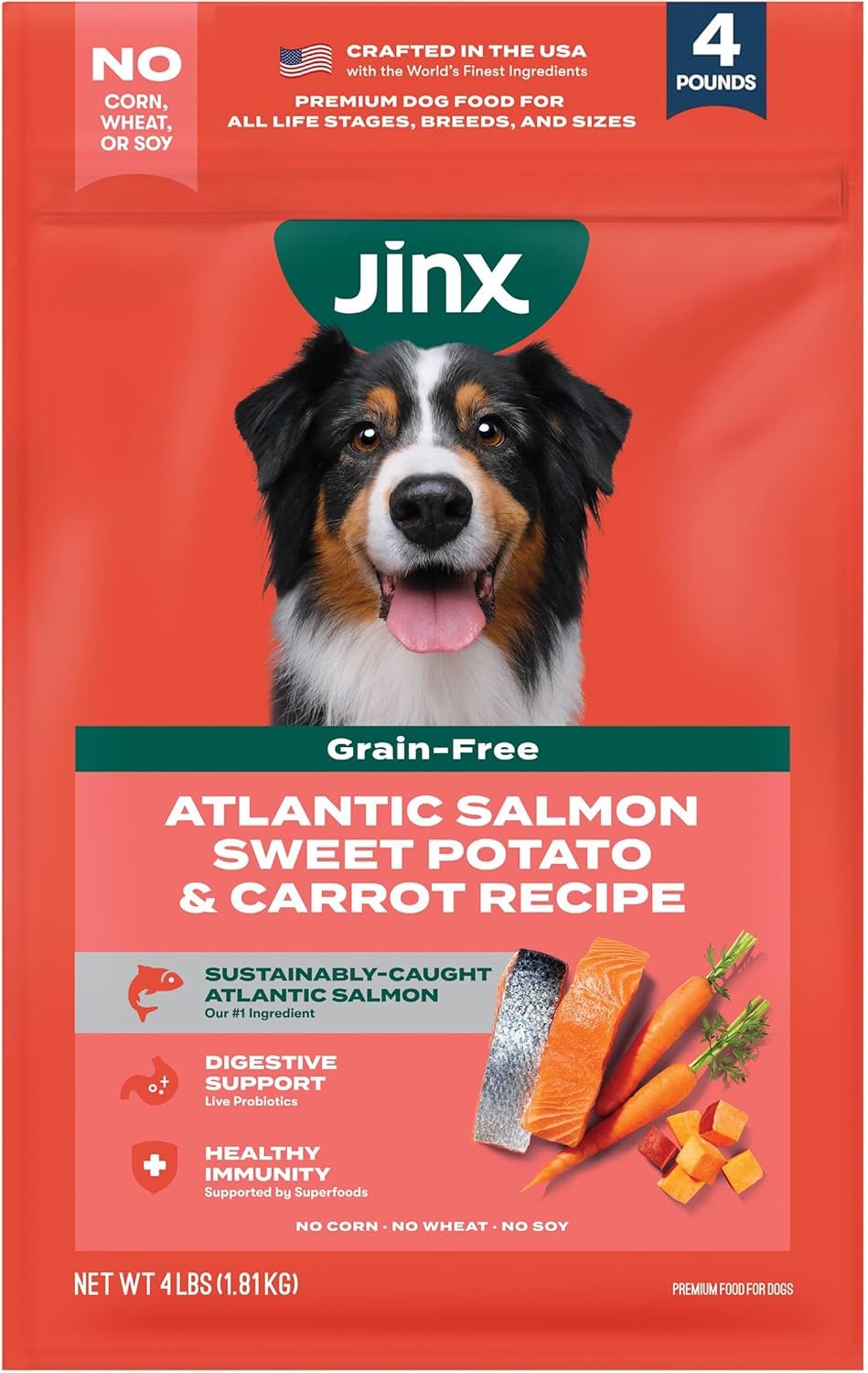 Jinx Grain Free Dry Dog Food – Real Salmon, Sweet Potato & Carrot, 4lb