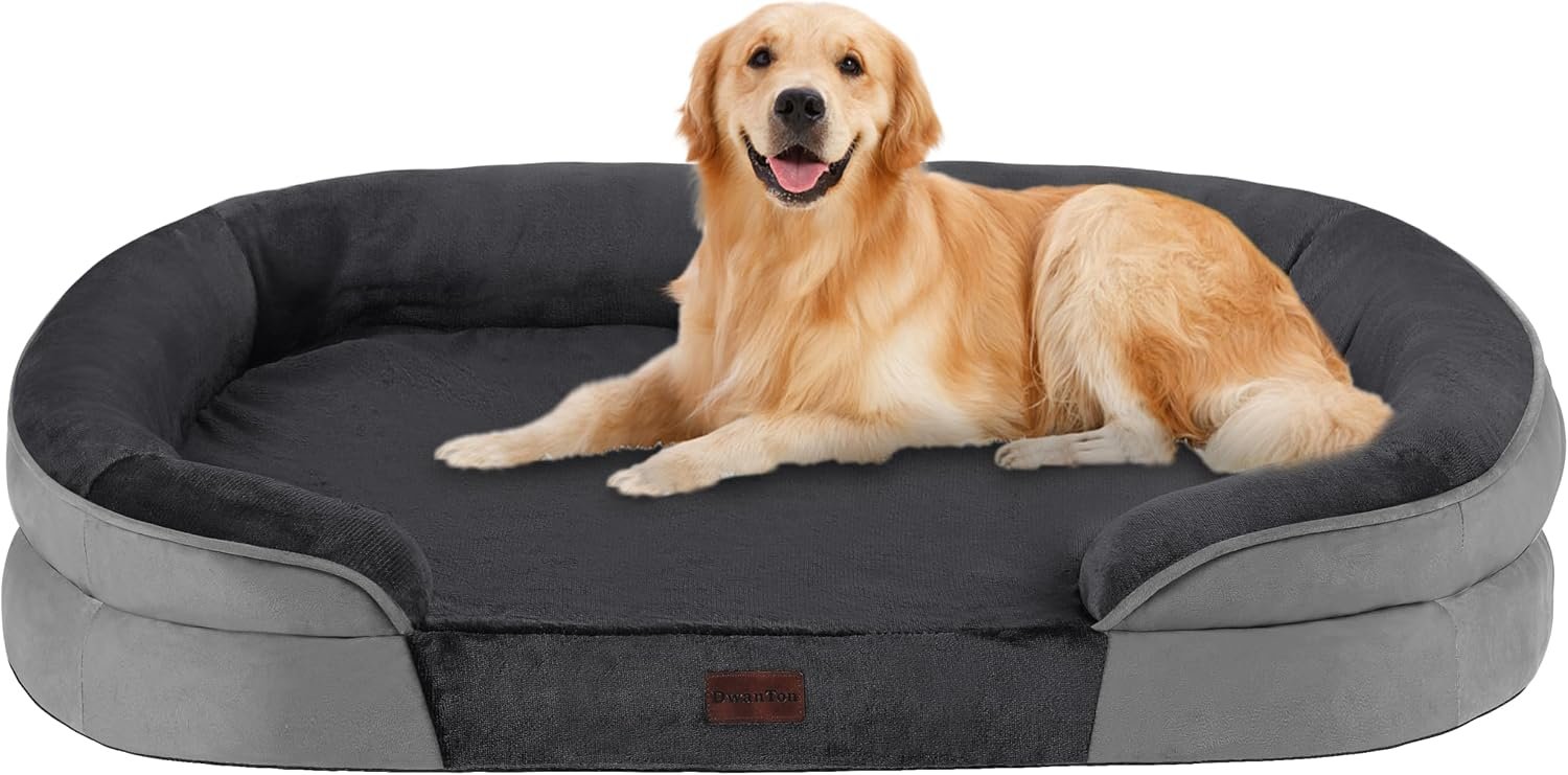 Dwanton Orthopedic Waterproof Large Dog Bed Sofa, Gel Memory Foam, 42″ | Egg-Crate Foam Dog Sofa, Washable Pet Bed with Four Sided Bolster Cushion, Removable Cover & Non-Slip Bottom, Dark Grey