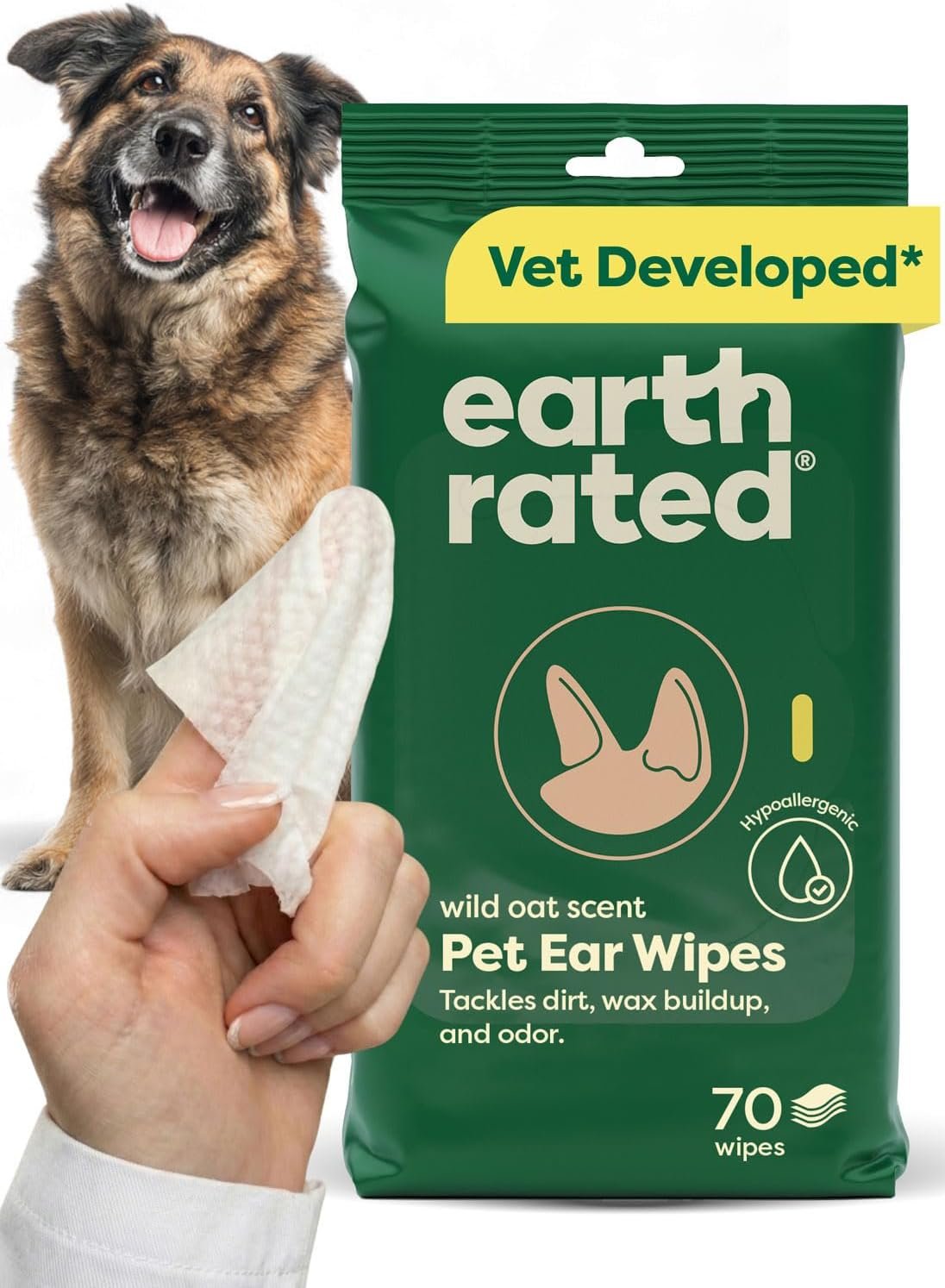 Earth Rated Dog Ear Wipes, Vet Developed, Wild Oat, for Dirt & Wax, 70ct