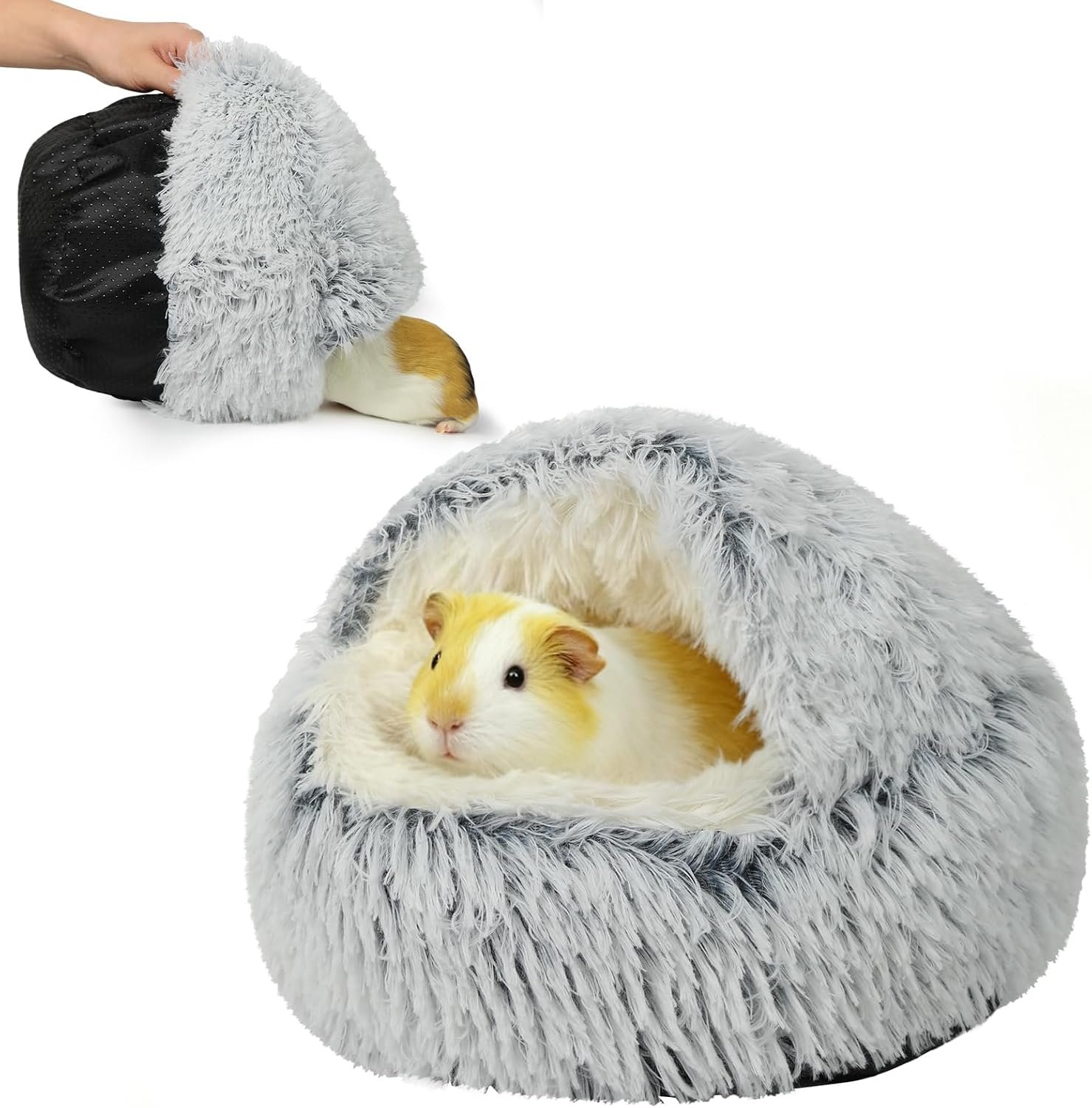 Guinea Pig Hideout, Doughnut Guinea Pig Bed, Hamster Rabbit Bunny Bed(Grey) | Washable Hamster Rabbit Bunny Bed with Hooded Cover, Calming Round Cave Beds for Small Animal Bunny Rabbit Hideout