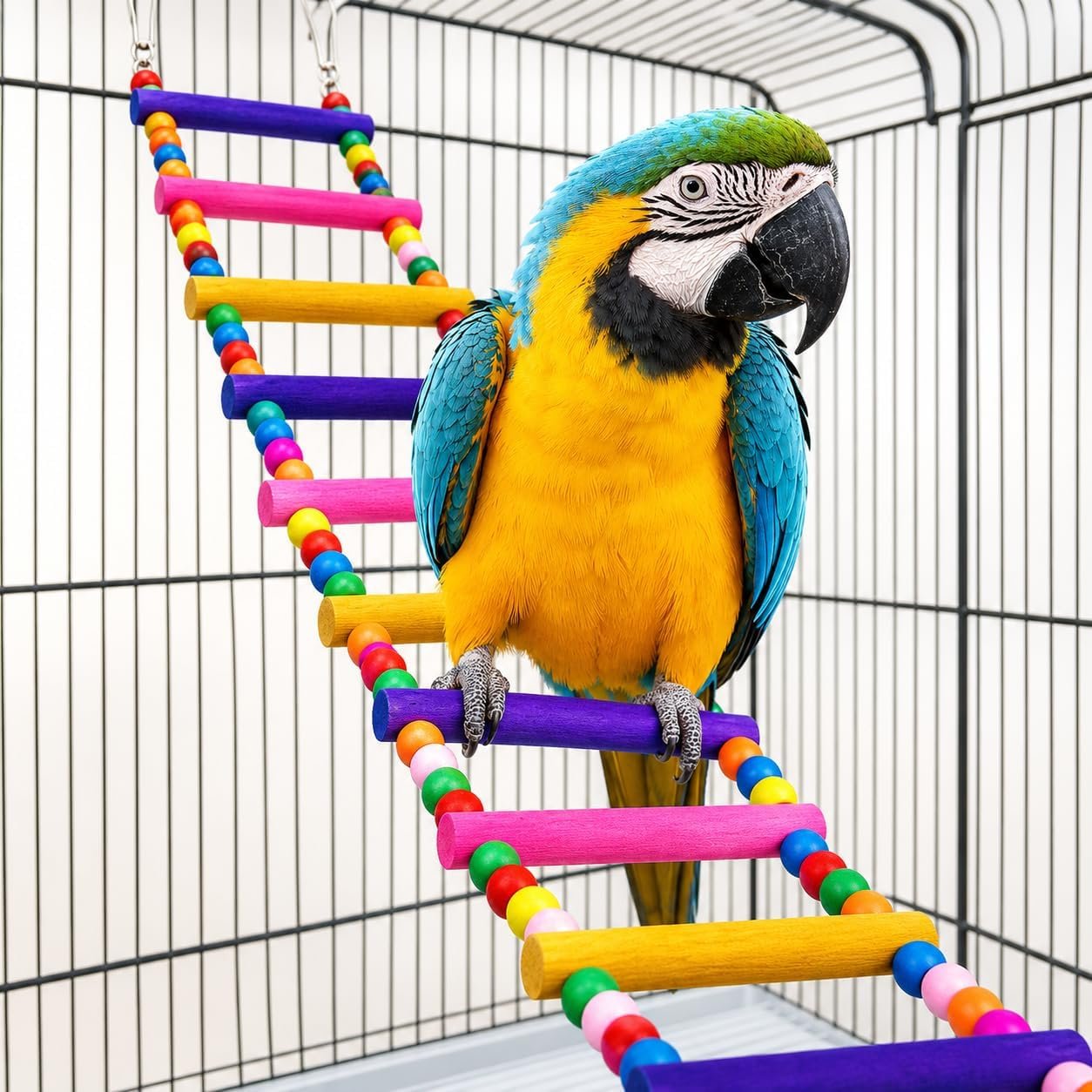 Flexible Wooden Bird Ladder Bridge for Cages, 25 in, 10 Steps | Natural wood, flexible bridge shape, four metal clasps, climbing and perching for small and medium birds
