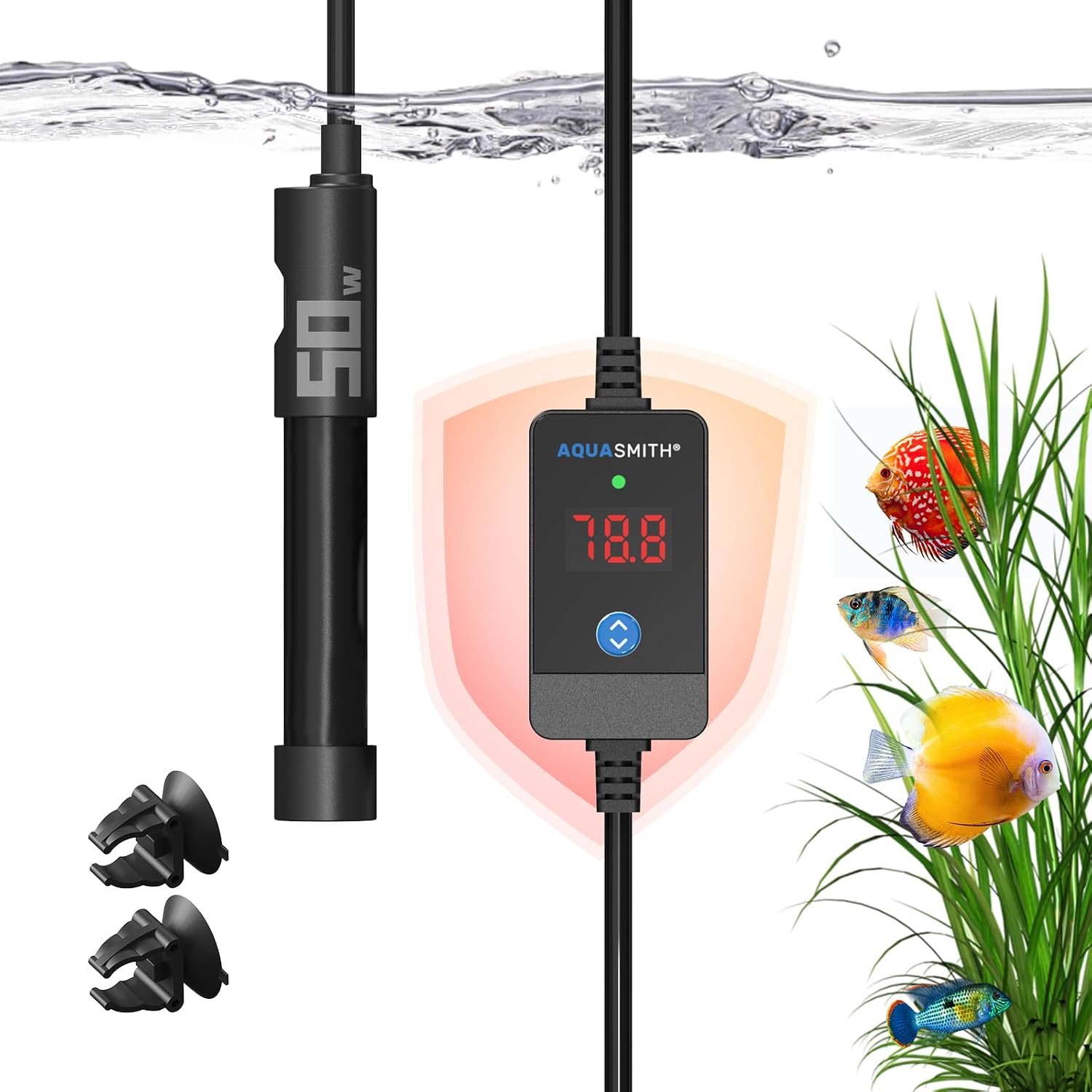AQUASMITH 50W Aquarium Heater for 0-4 Gallon Tanks | External LED precise temp control, fully submersible, anti dry burn auto shutoff, explosion-proof tube for fresh salt water