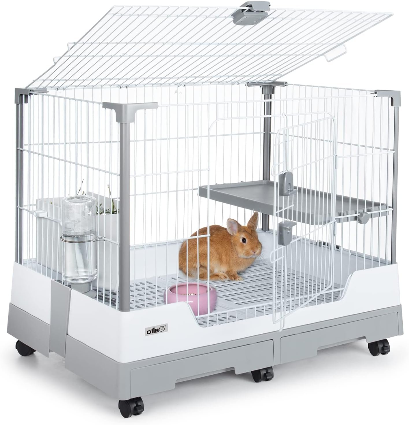 Deluxe Rabbit Cage, 32″ × 21″ × 26″ Large Space Bunny Cage Foldable Small Animal Cage with Pull Out Tray and Caster Platform, Professional Household Anti-Spray Urine Rabbit Cage Hutch Indoor